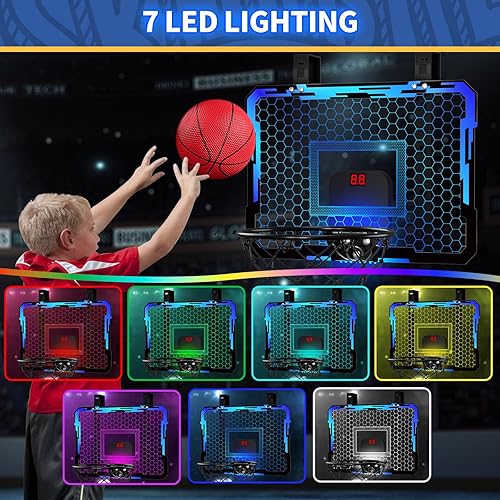 Miniatura 2 de QDRAGON Aro de baloncesto para interiores para niños, mini aros de baloncesto sobre la puerta con 7 luces LED, juguetes de baloncesto, regalos para