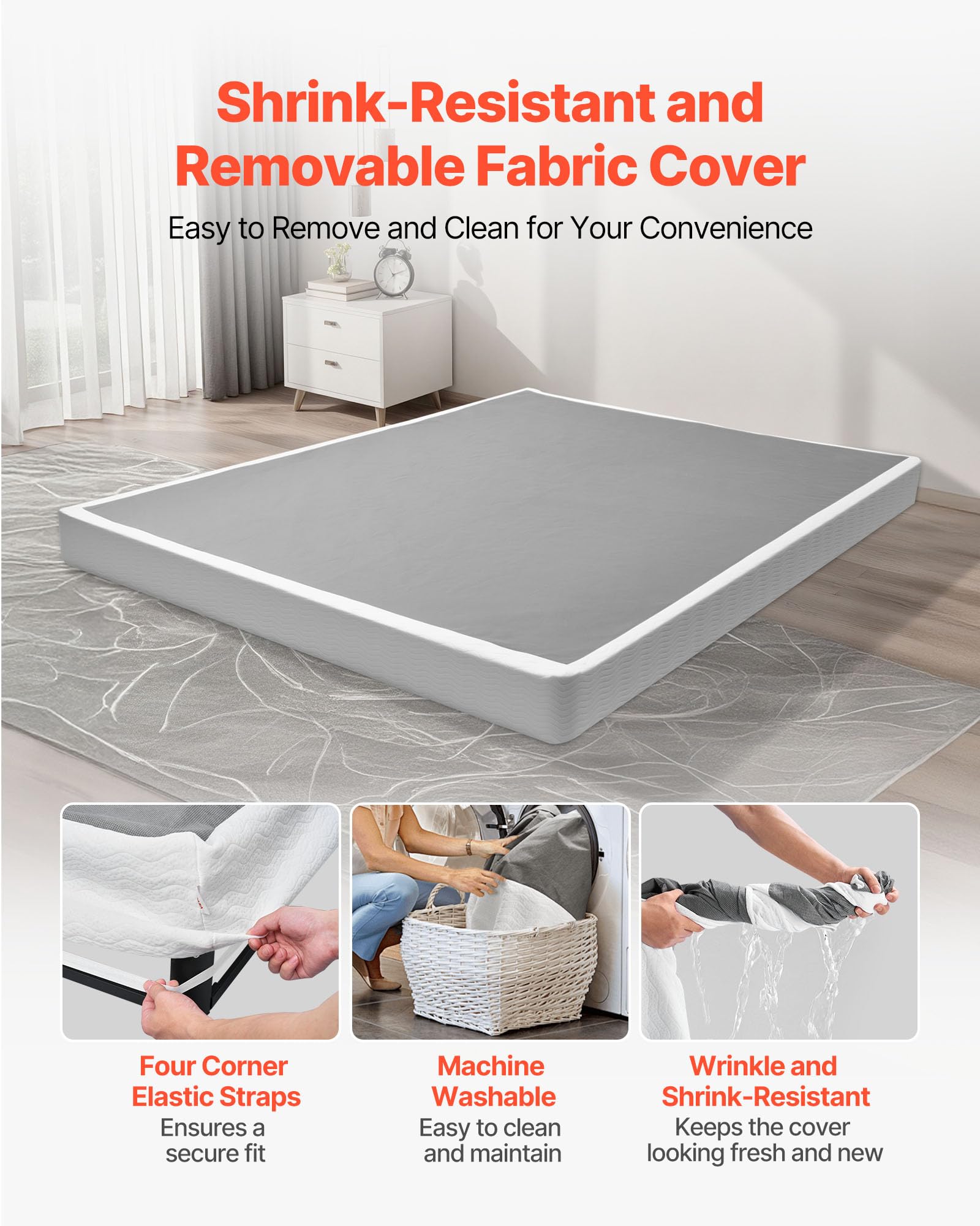 VEVOR Boxspringbettgestell (Queen-Size) mit Waschbarem Stoffbezug, Metallrahmen (2010 x 1510 x 102 mm) für Queensize-Betten, 102 mm Matratzenauflage, Max. Belastbarkeit 1587,57 kg, Matratzenfundament