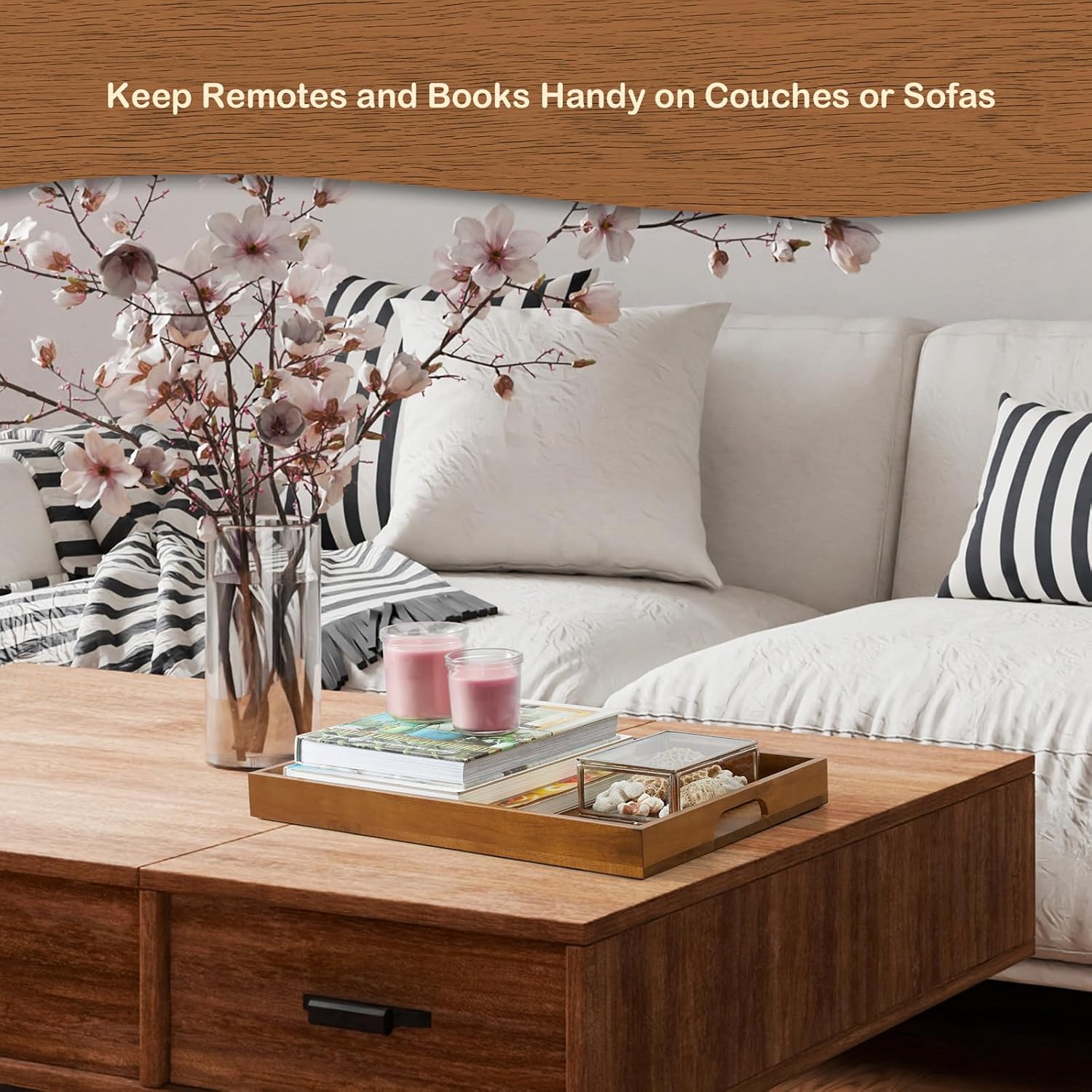 17 Inch Acacia Wood Serving Tray with Handles, Large Wooden Tray for Ottoman, Breakfast in Bed, Coffee Table, Dinner, Perfect for Living Room Bedroom Entryway and Kitchen - Image 5