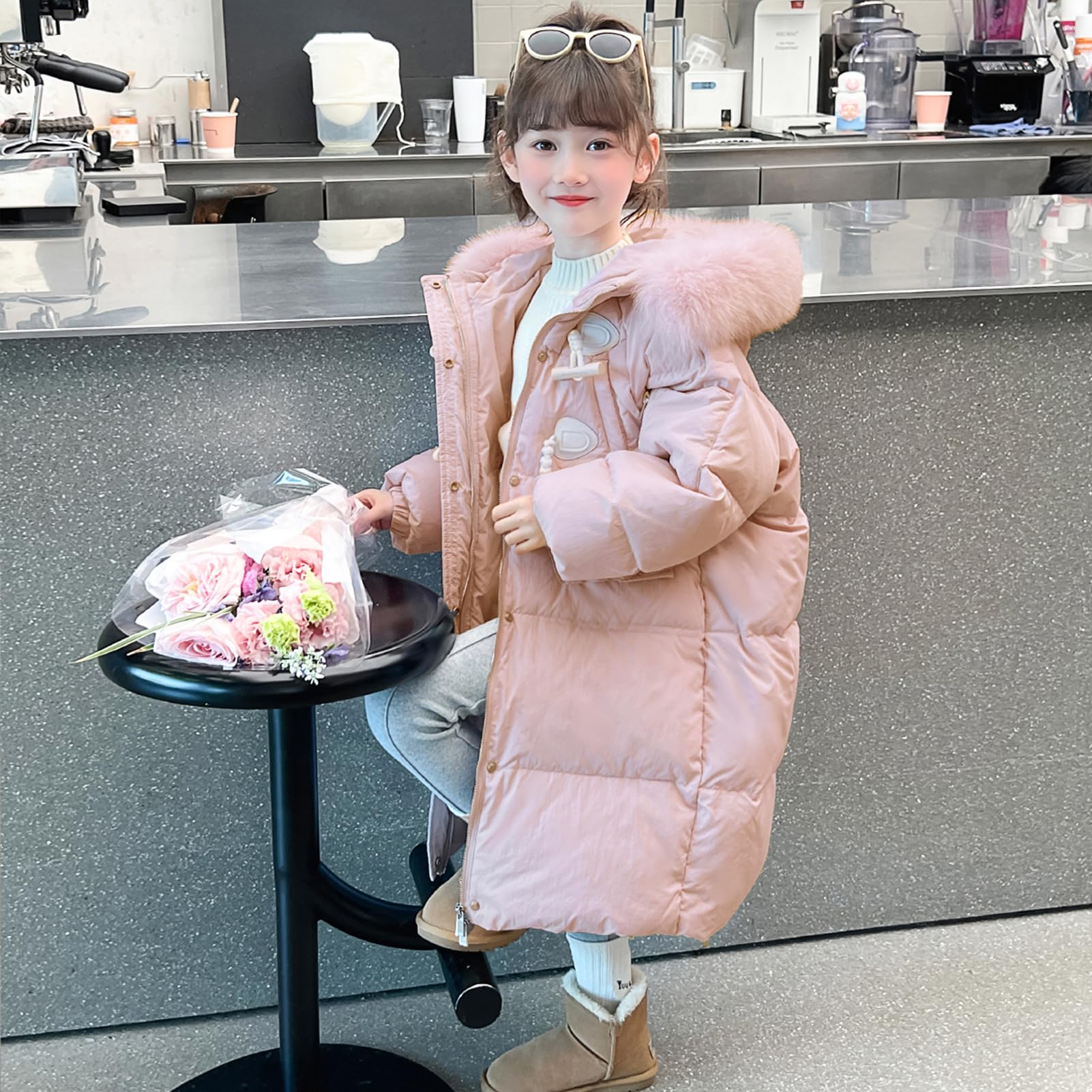 Bambina Giacca di Cotone Lunga Spessa Cappotto con Cappuccio di Pelliccia Giubbotto Trapuntato Antivento per Inverno