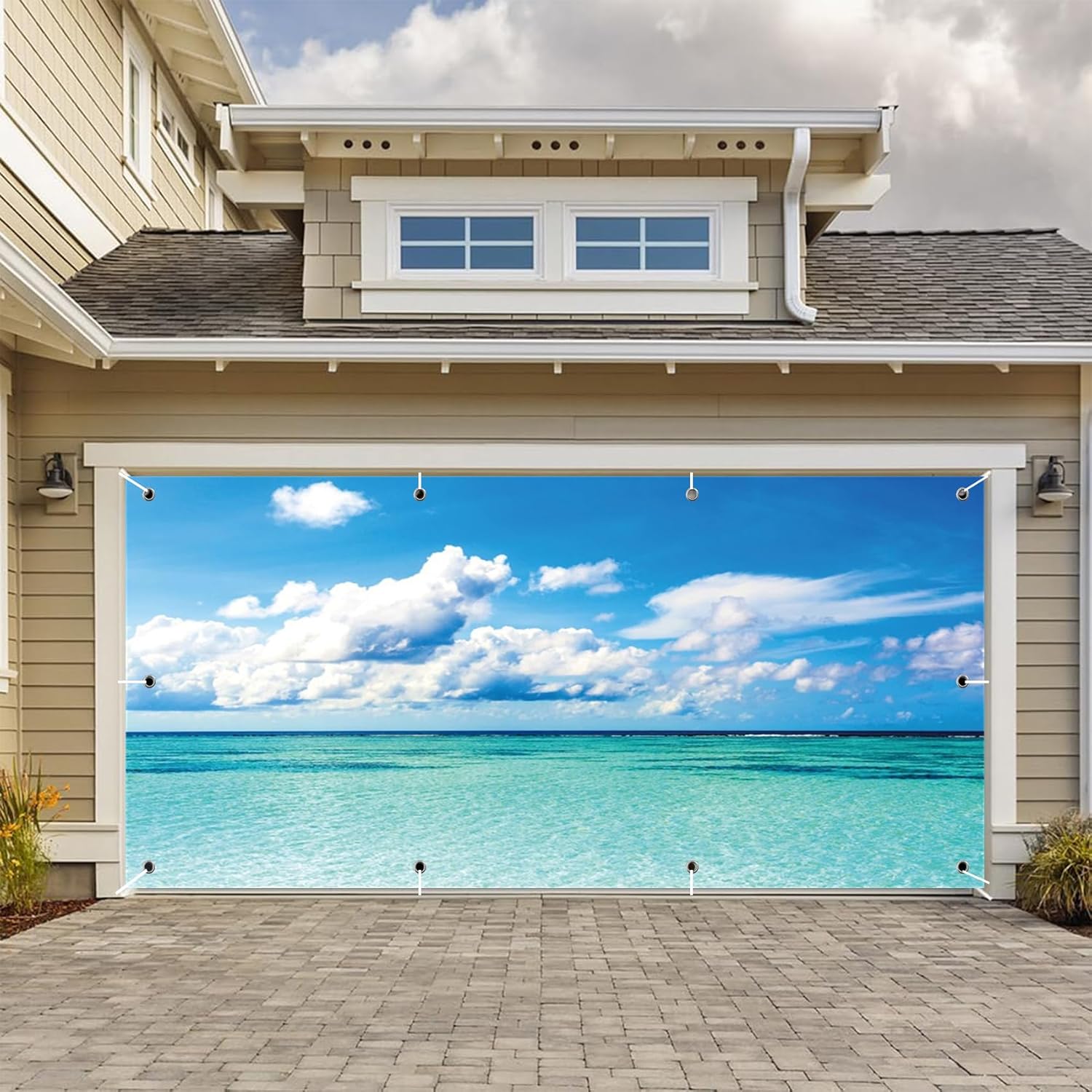 CSFOTO 7x16ft Sea View Garage Door Decoration Banner Blue Sky White Cloud Green Ocean Decoration Background Wallpaper Large Garage Door Cover Aloha Luau Theme Summer Outdoor Party Banner