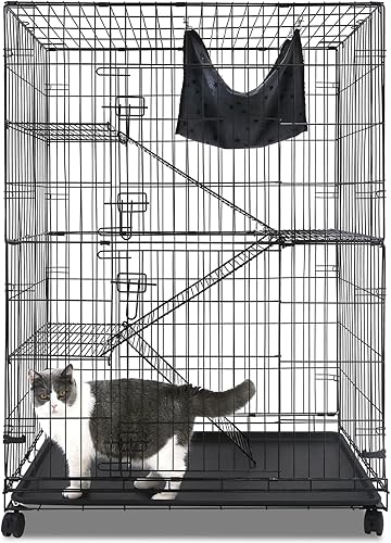 Homey Pet Cajón plegable de alambre para gatos con ruedas, bandeja y hamaca (36 pulgadas)