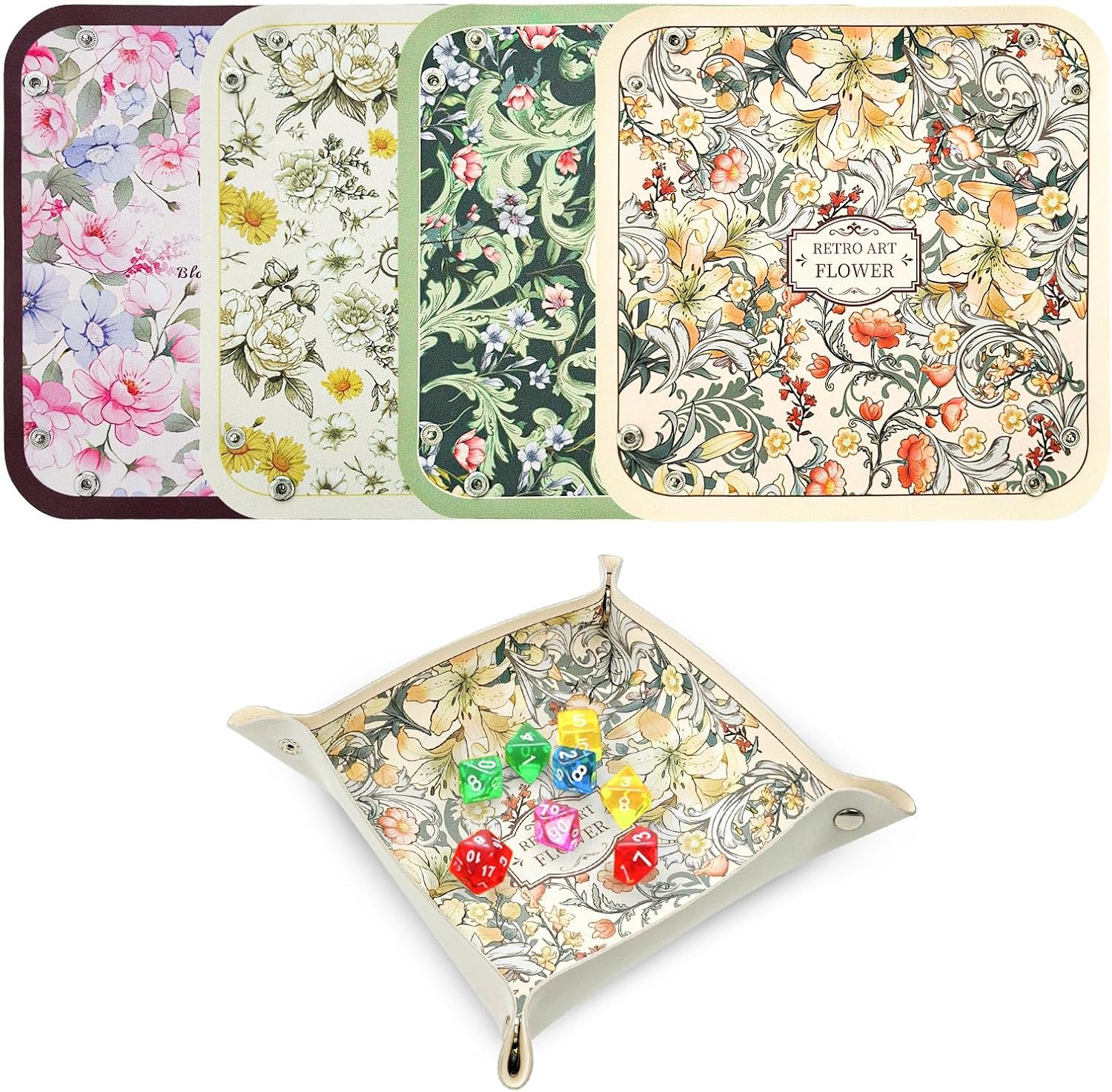 LELE LIFE 4 Pack Dice Tray for Rolling, Vintage Flower Folding Dice Box Tabletop Mat, PU Leather Board Game Storage Holder for DND Accessories