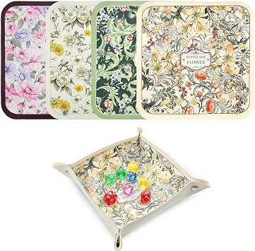 LELE LIFE 4 Pack Dice Tray for Rolling, Vintage Flower Folding Dice Box Tabletop Mat, PU Leather Board Game Storage Holder for DND Accessories