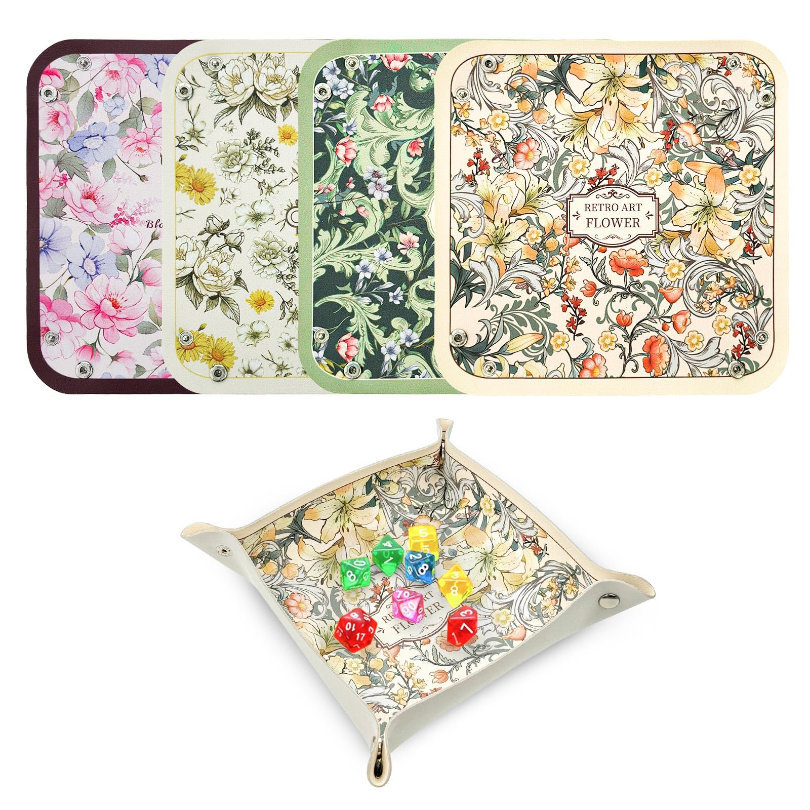 LELE LIFE 4 Pack Dice Tray for Rolling Vintage Flower Folding Dice Box Tabletop Mat