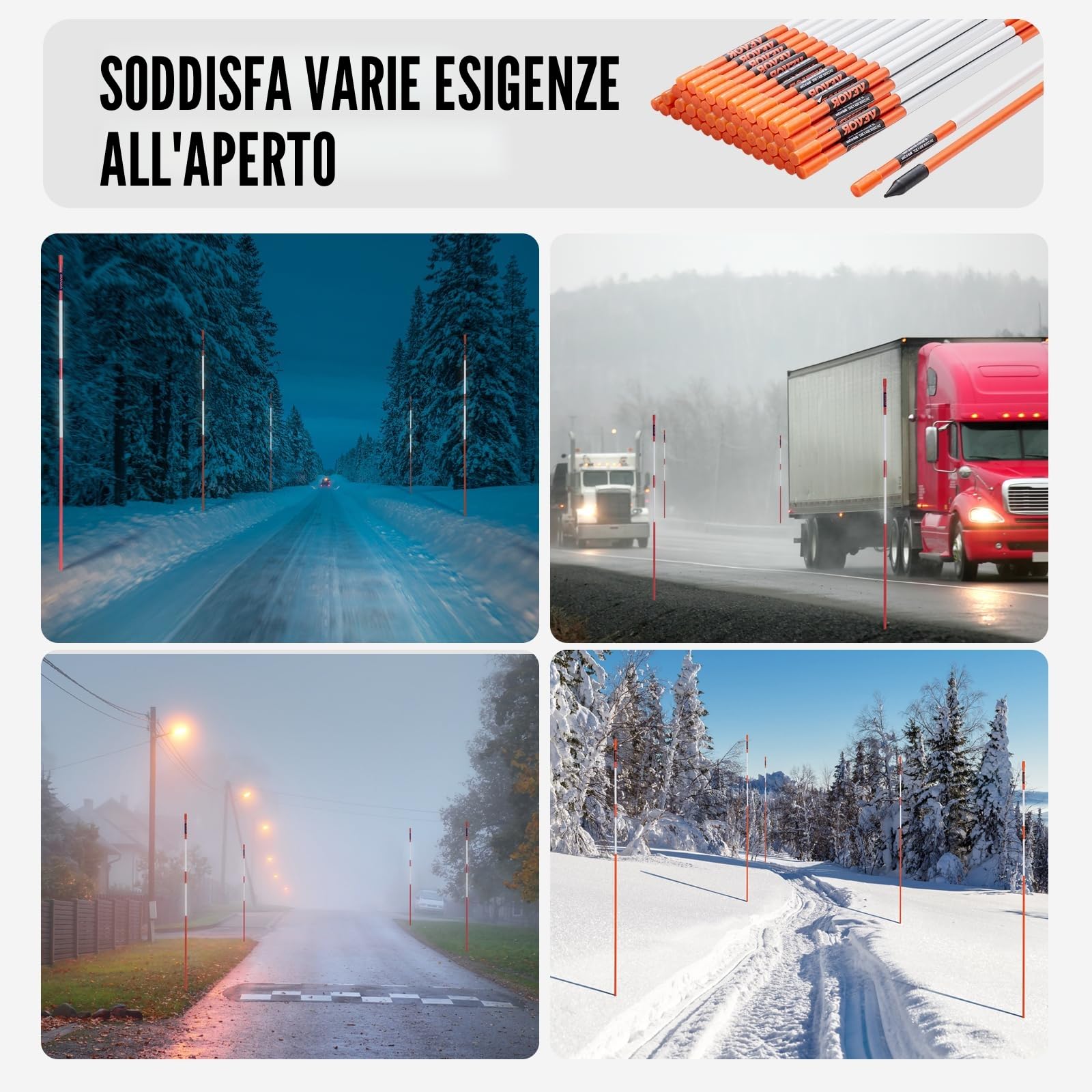 VEVOR Segnalatori per Passo Carrabile, 100 Pezzi 0,78x121,5 cm, Pali Marcatori da Neve in Fibra di Vetro Arancione Pali da Neve con Nastro Riflettente, Striscia Riflettente ad Alta Visibilità 121,5 cm
