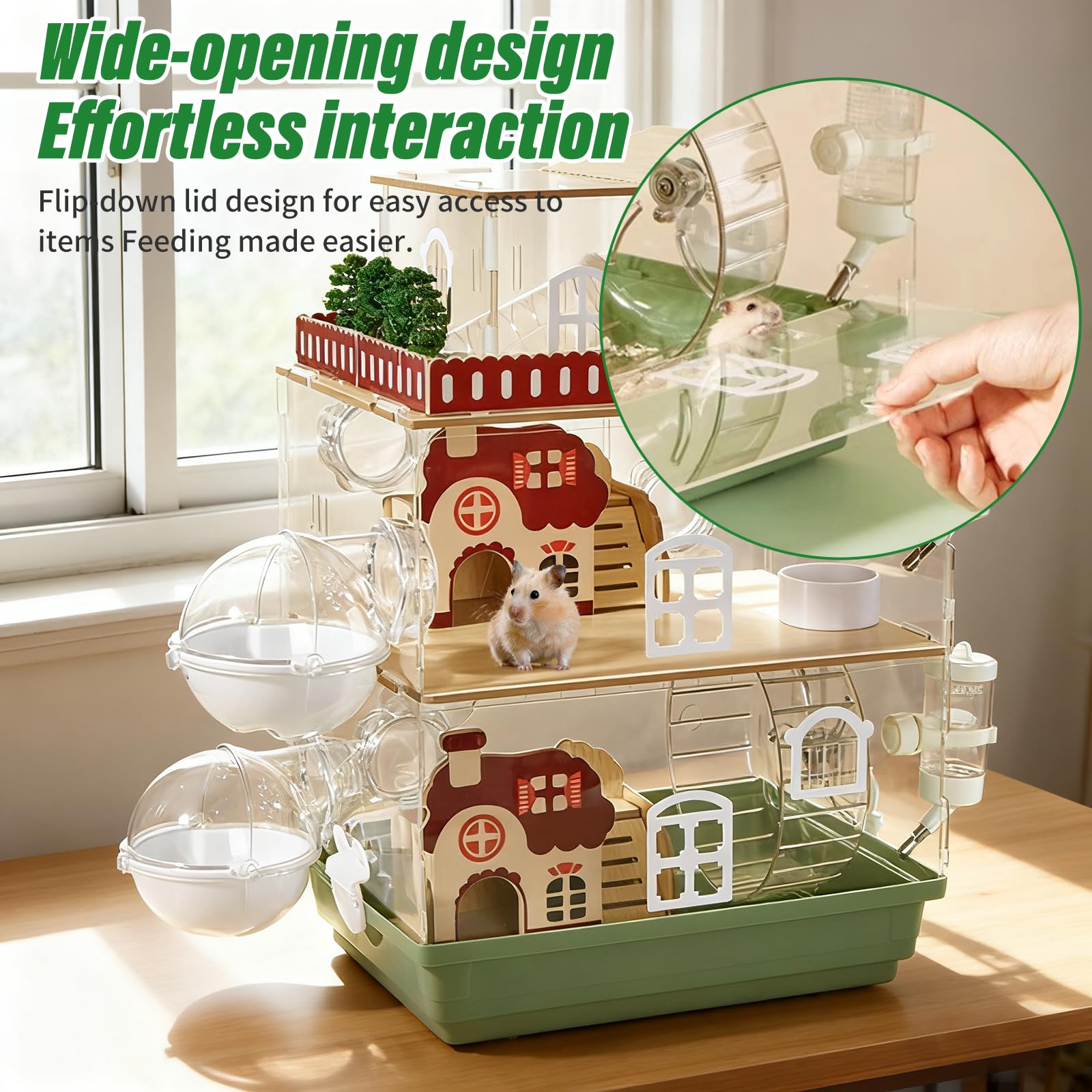 Gabbia per criceti in acrilico 17 in 1, design da giardino, 35 × 26 × 52 cm, trasparente, a più piani, con villa in legno, girante, tunnel, borraccia, vasca da bagno e accessori da gioco (3 livelli)