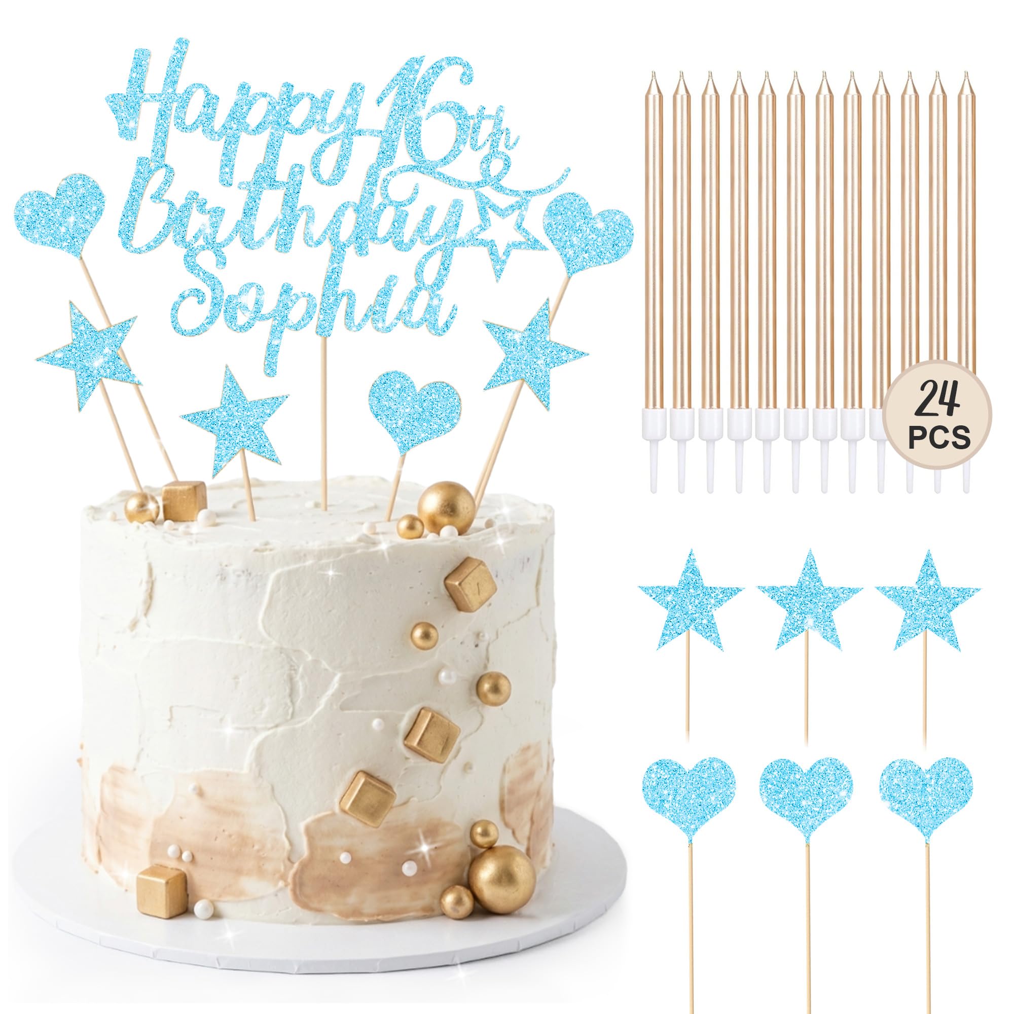 EDSG Personalised Happy Birthday Cake Topper with 24 Candles, Double-Sided Glitter Cake Decorations with Any Age Name, Birthday Party Supplies for Boys Girls Women Man (Baby Blue) โ image 1