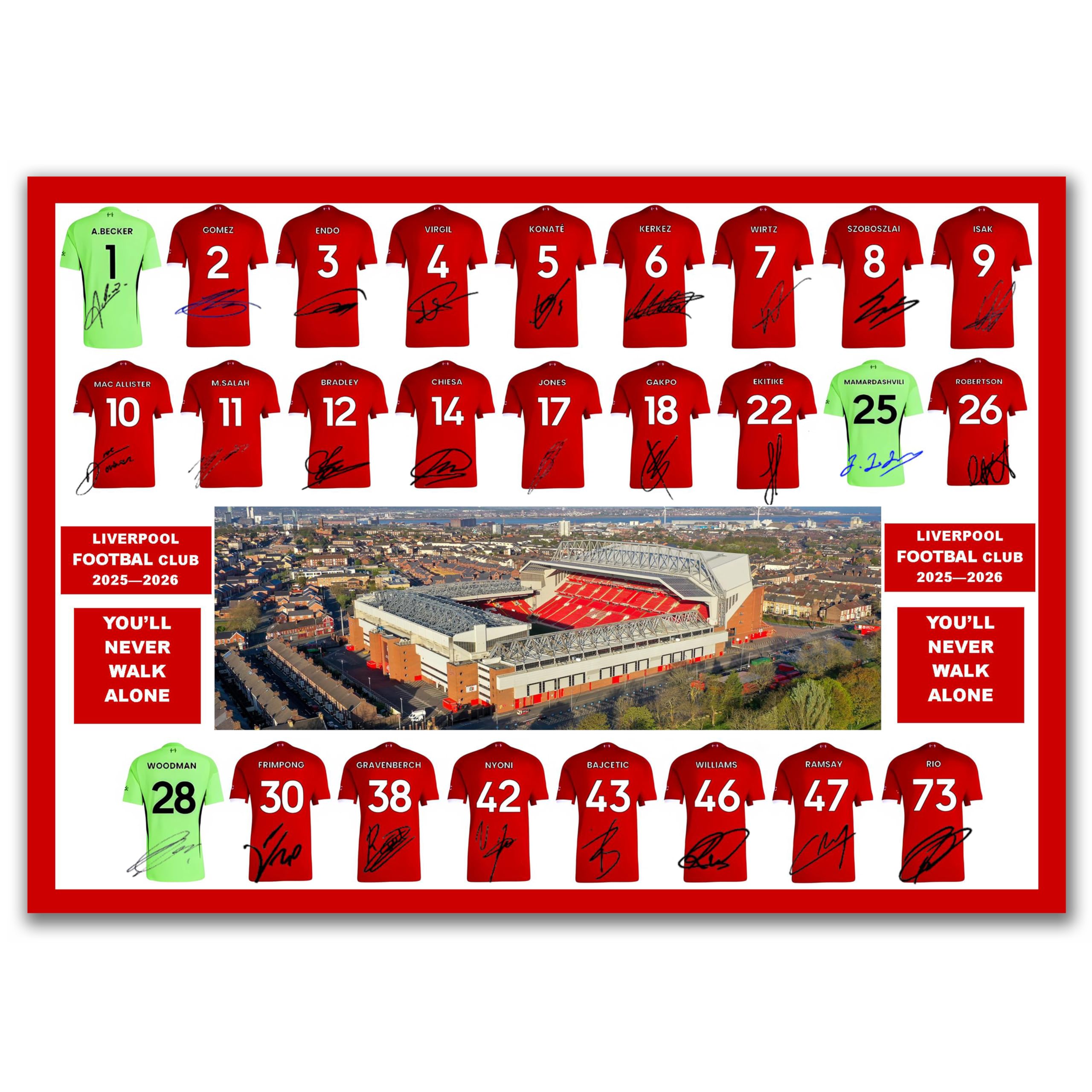 Liverpool 2025-2026 Reds Football Club Squad Signed Shirt Display, Sports Memorabilia with Stadium Photo, You'll Never Walk Alone Theme (A4 Unframed)