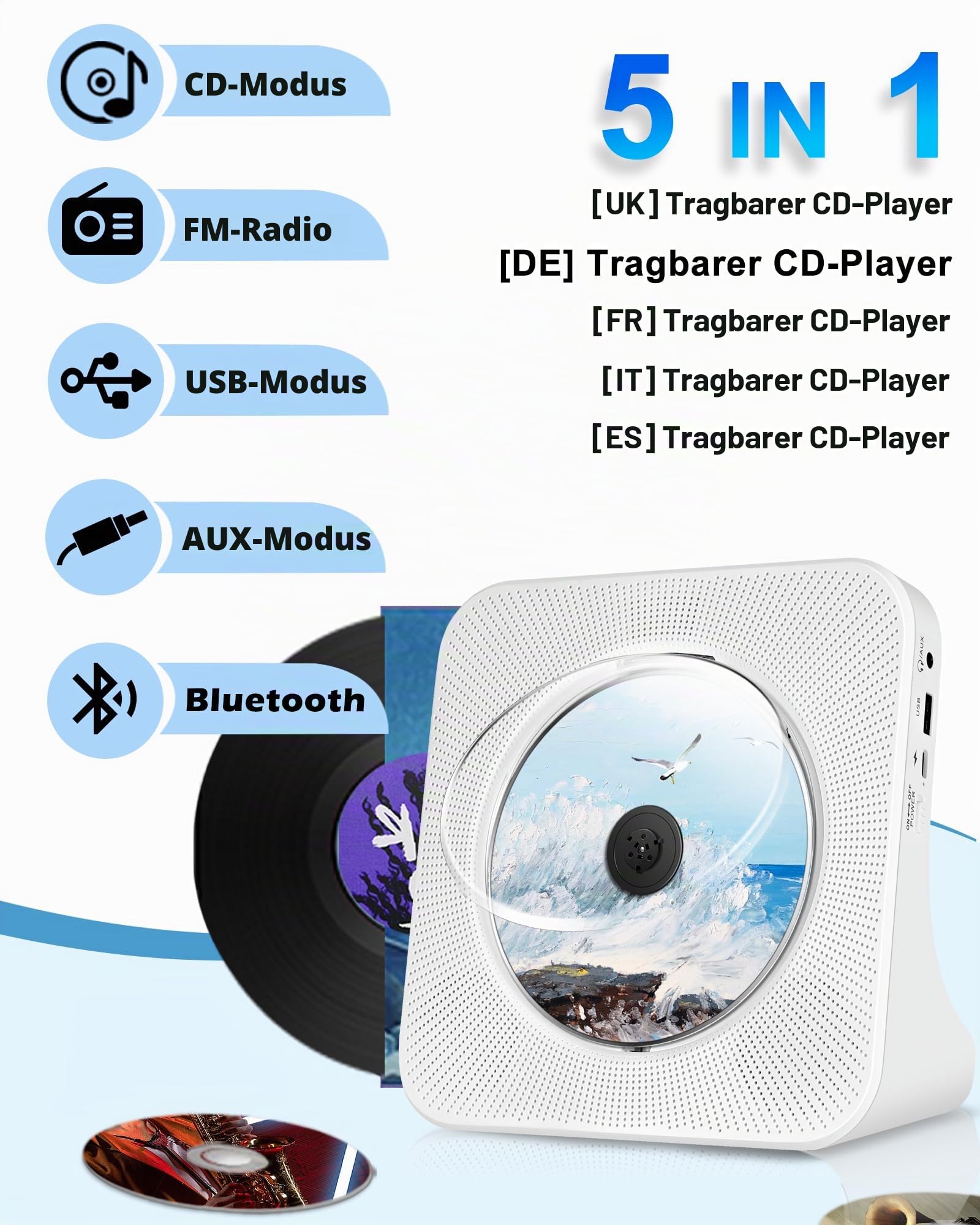 Tragbarer Aufladbarer CD-Player, Stereo-CD-Player mit Bluetooth, AUX, FM-Radio, USB, Desktop-CDs-Players mit Fernbedienung