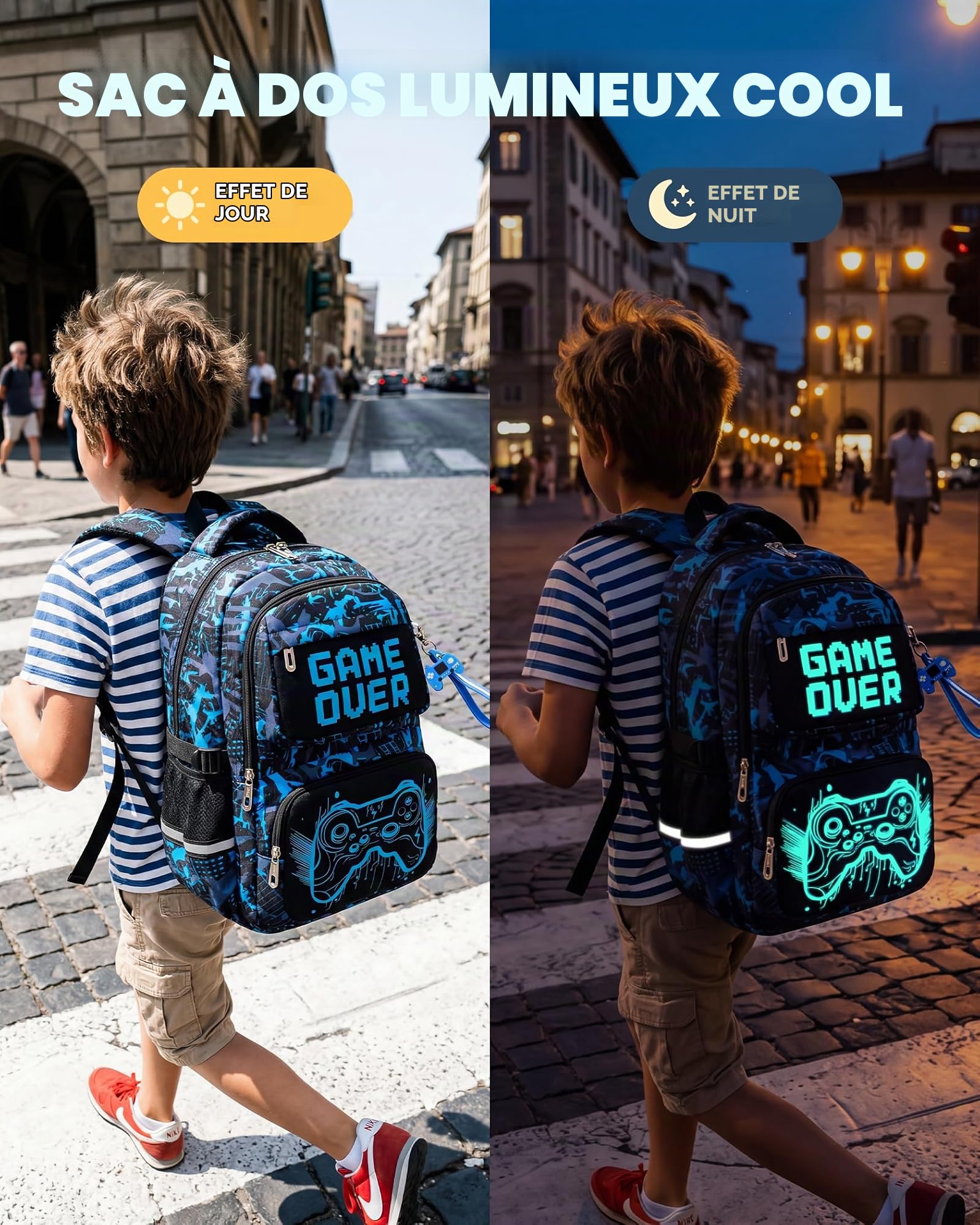 Amythe Sac à Dos Trolley Garçons 8 à 12 ans à 6 Roues Lumineux Grand, Bleu | Imperméable Réfléchissant Ergonomique Bleu Daypack Multi-Poches Spacieux Robuste pour École Voyage Randonnée Loisir