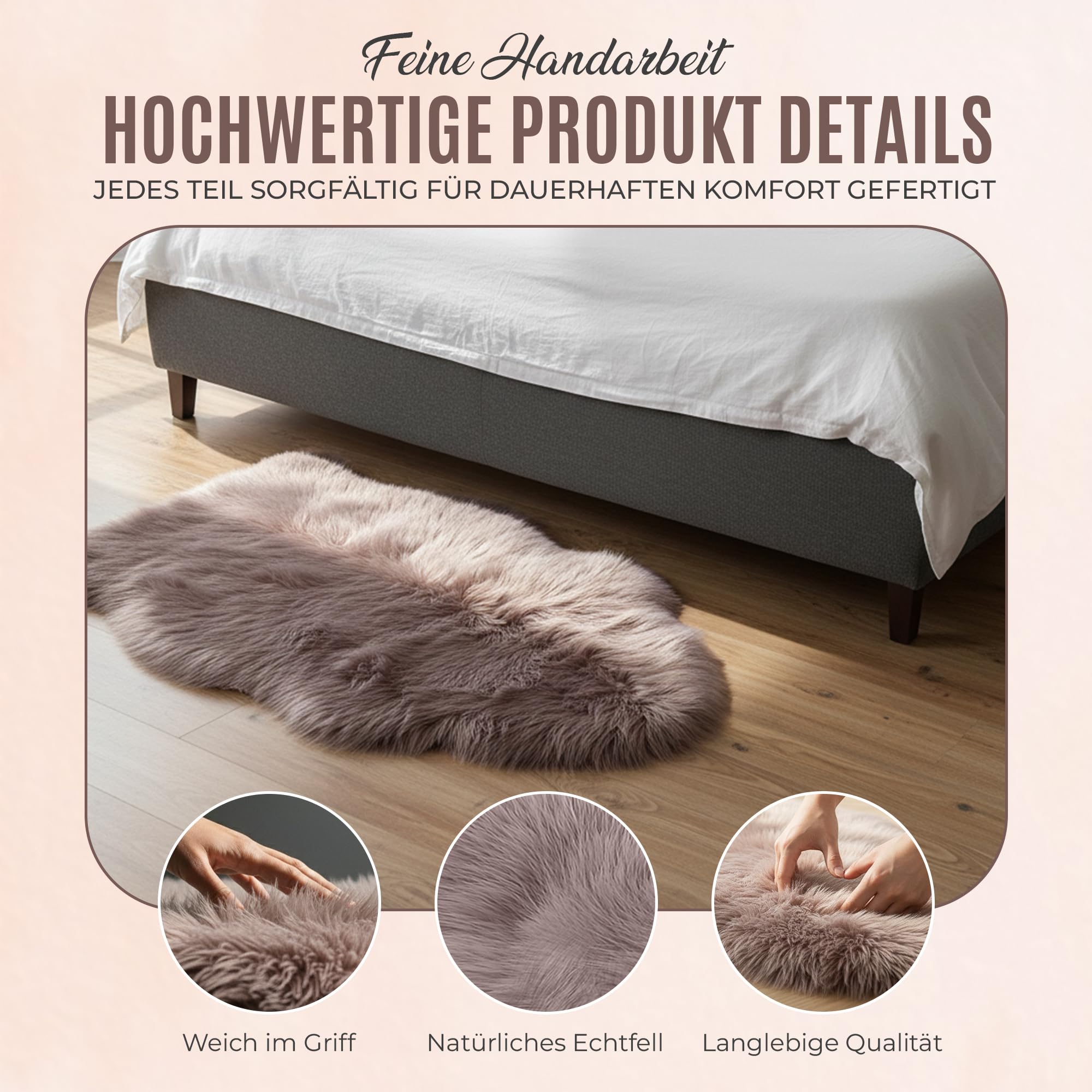 Schaffell Teppich Echtes Lammfell 100% Naturfell Weicher Sheepskin Teppich, Flauschiger Schafspelz als Bettvorleger, Sitzfell Deko Fell für Sofa & Wohnzimmer (Taupe, L: 100 bis 110cm)