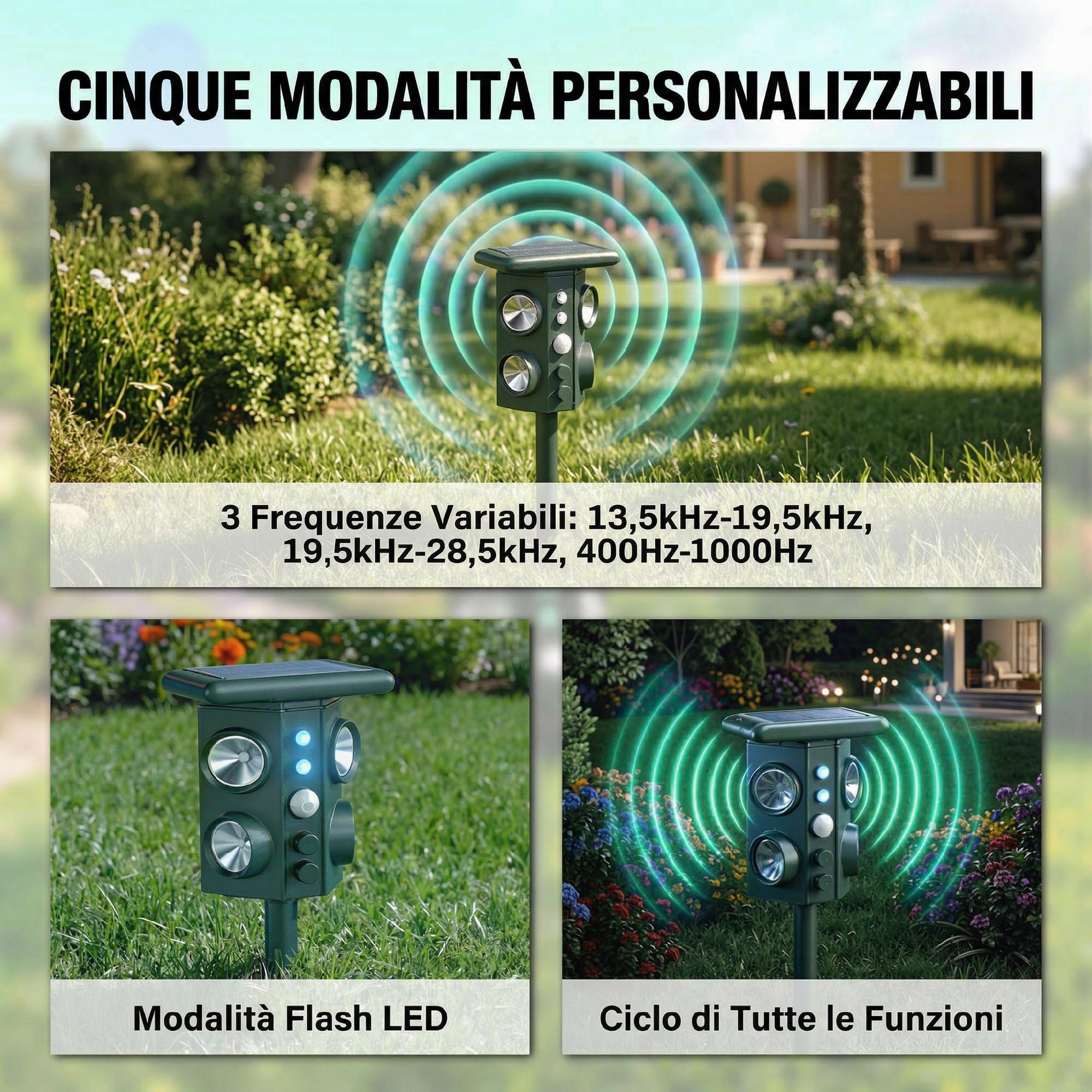 Outsunny Repellente Gatti Ultrasonico Solare Dissuasore per Gatti | 5 Modalità PIR, Flash LED, 110°, IPX4 Impermeabile, 4 Altoparlanti per Animali