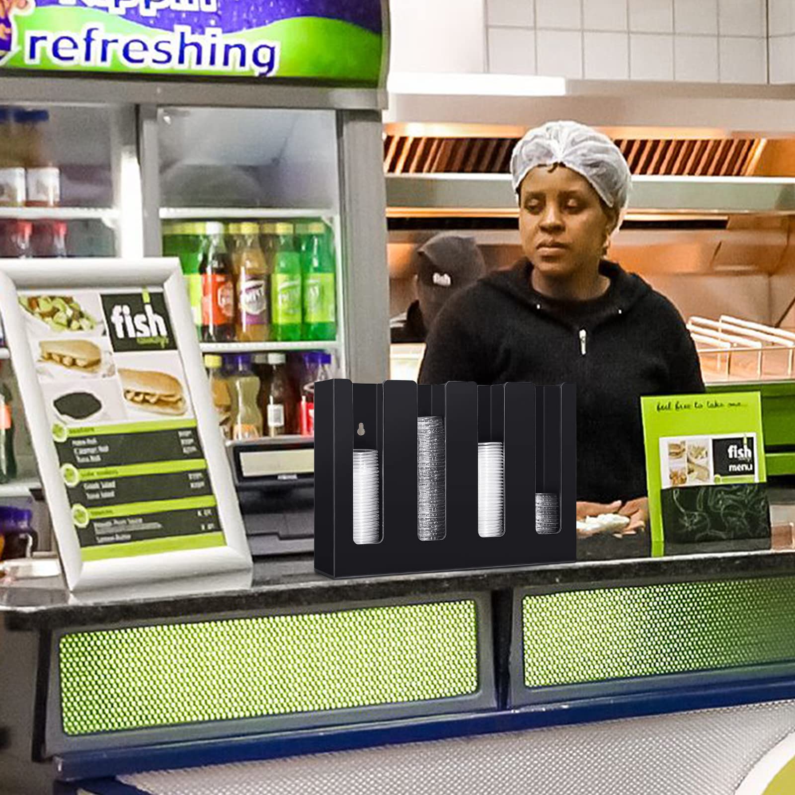 Cup Lid Organizer Acrylic Sauce Cup Dispenser 4 Compartments Countertop or Wall Mountplastic Sauce Cups and Lids Organizer Storage Holder Restaurant Supplies for Party Kitchen (Black)