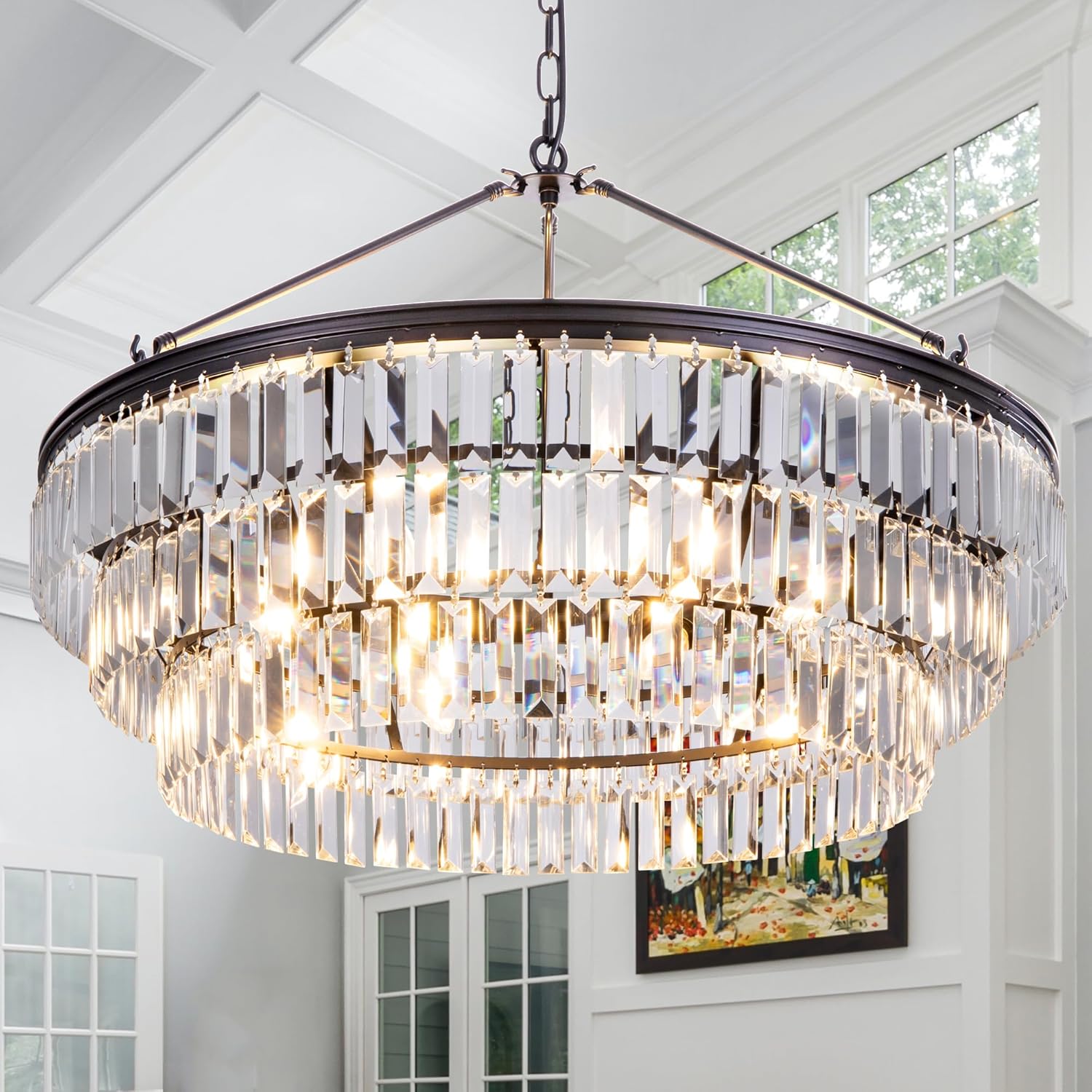 Crystal Chandelier For Dining Room, 30.4" D Vintage French Empire Chandelier For Living Room Farmhouse Chandeliers Ceiling Light For Bedroom Antique Bronze Pendant Light Fixture For Kitchen