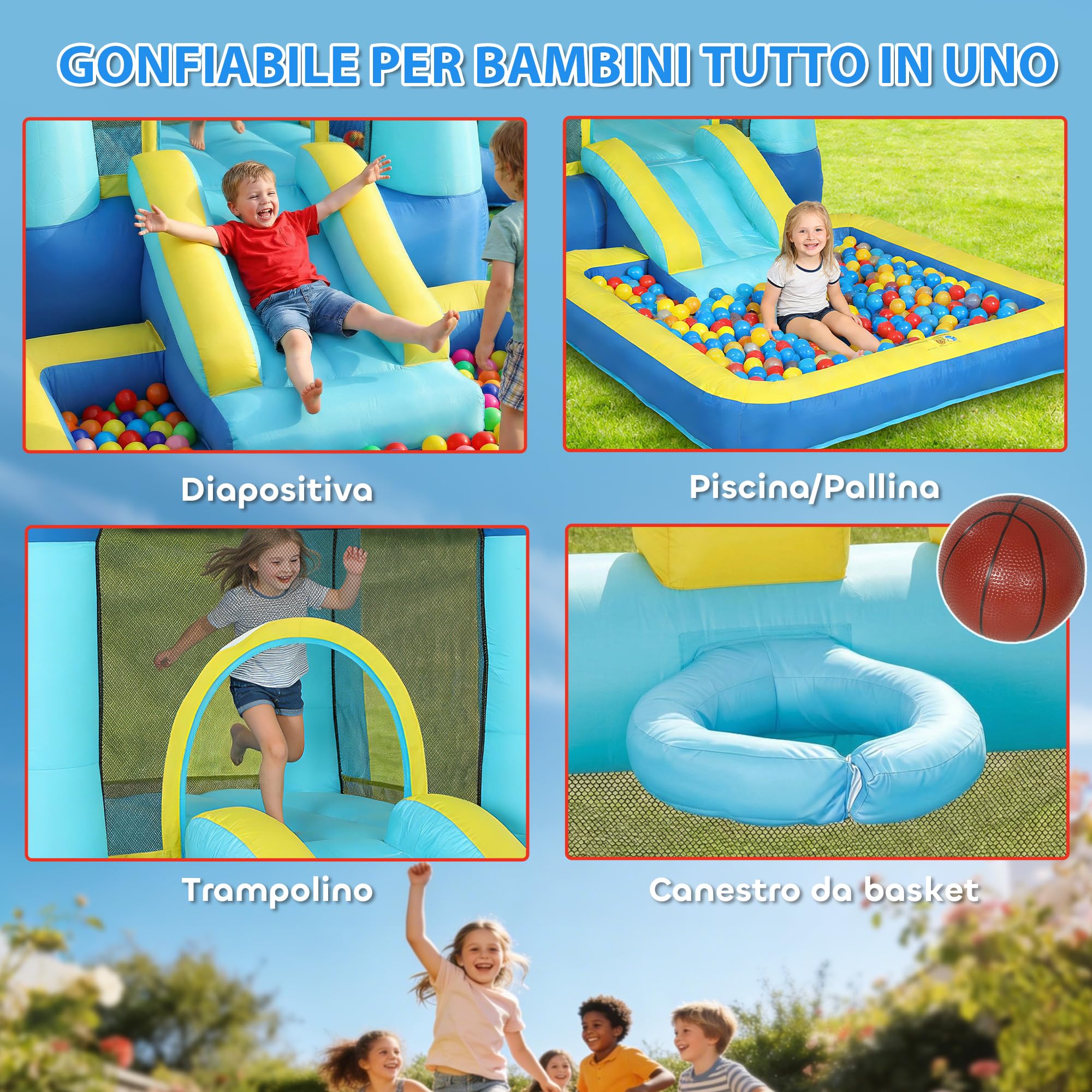 AIYAPLAY 4 in 1 Castello Gonfiabile per Bambini 3-8Anni 364x173x182cm Blu | Scivolo, Trampolino, Piscina Palline/Acqua, Canestro, Palla, Pistole ad Acqua, Soffiatore, Borsa Trasporto, Interni Esterni