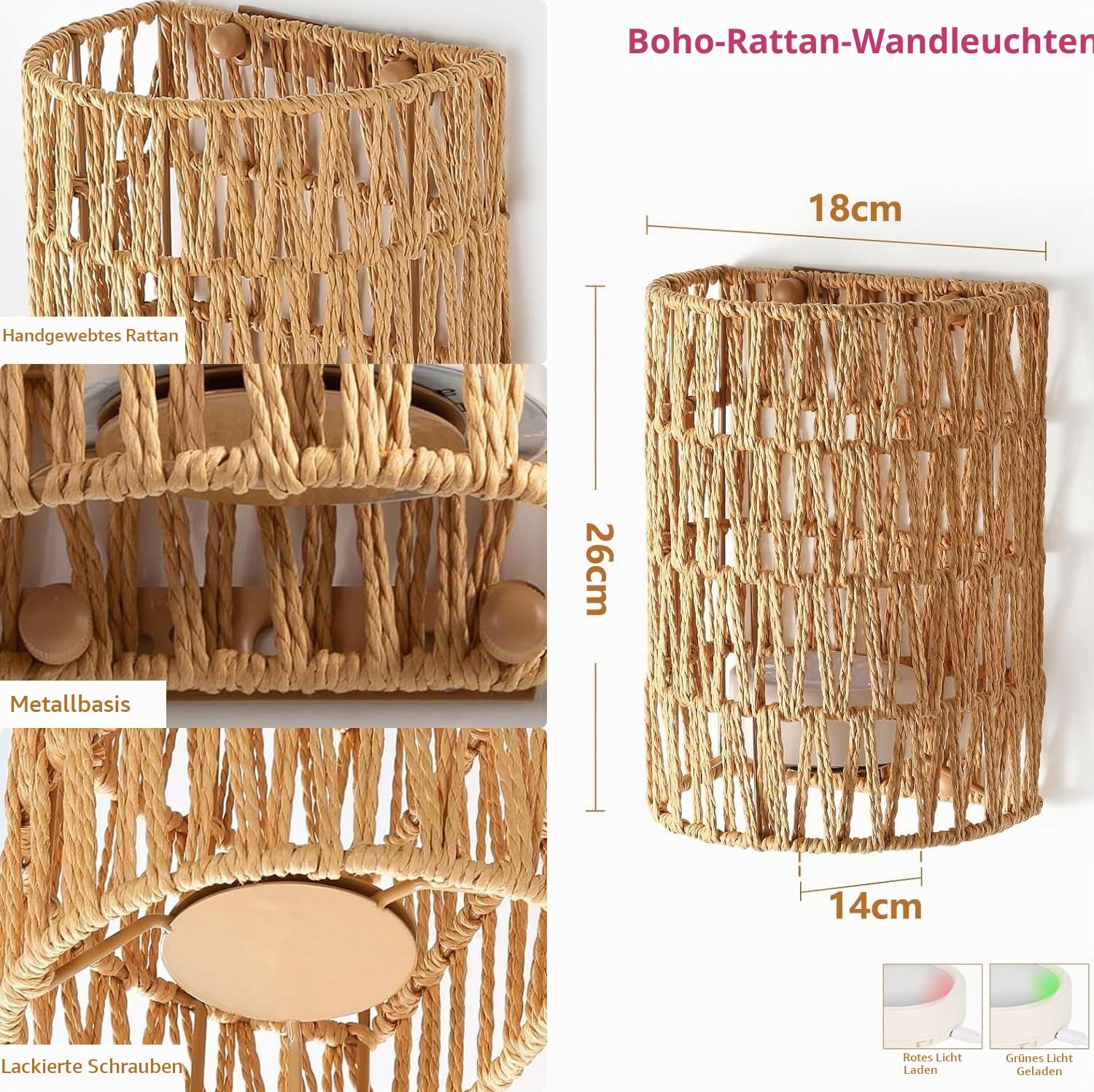 2 Stück Boho Rattan Wandlampe Innen Akku Wandleuchte Ohne Stromanschluss RGB Dimmbare Wandleuchten mit Fernbedienung Retro Nachttischlampe für Schlafzimmer Wohnzimmer Flur