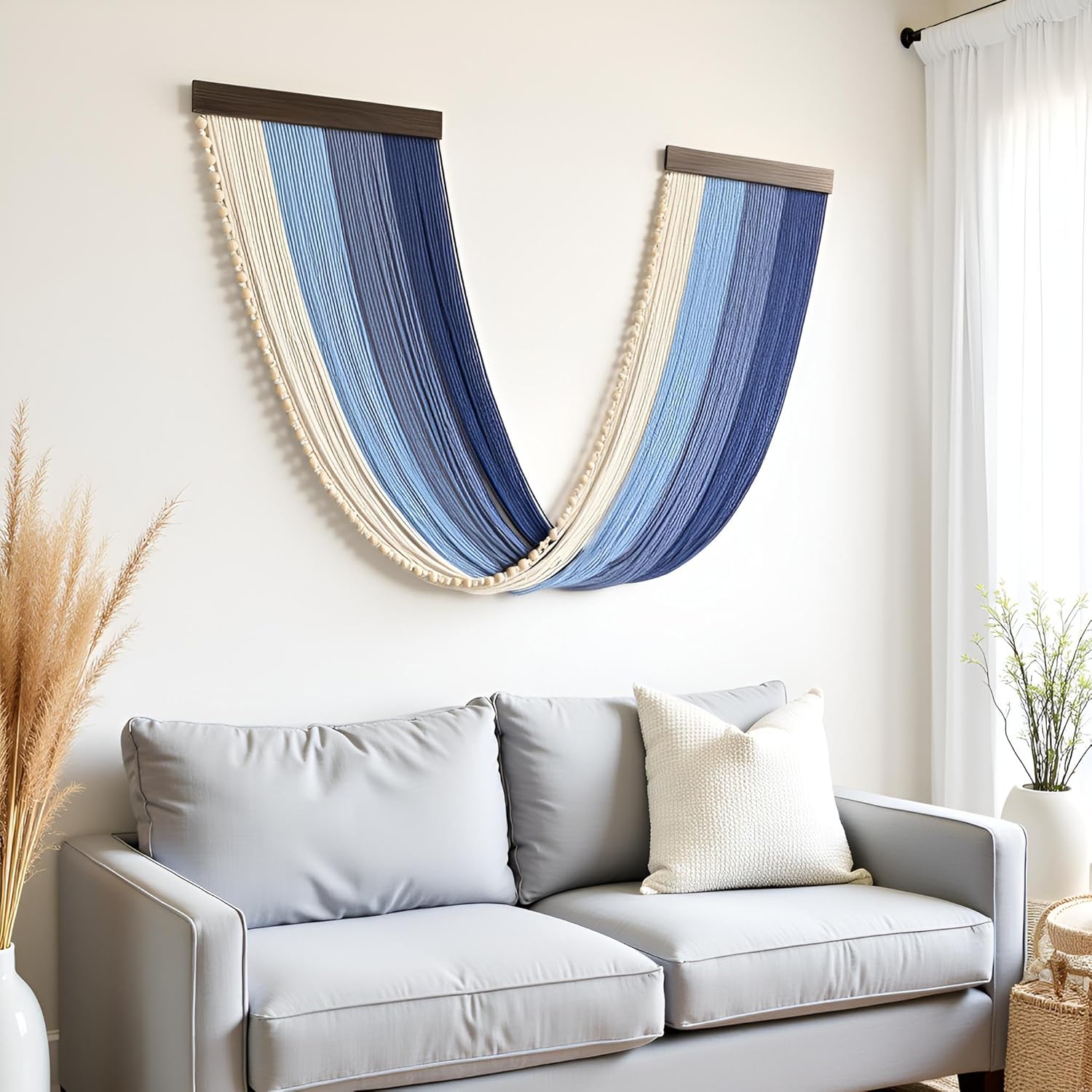 guzhiou Large Macrame Wall Hanging, Boho Wall Tapestry Decor, Fiber Wall Art Background Decor for Living Room Bedroom - Modern Craftsmanship Headboard (Blue)