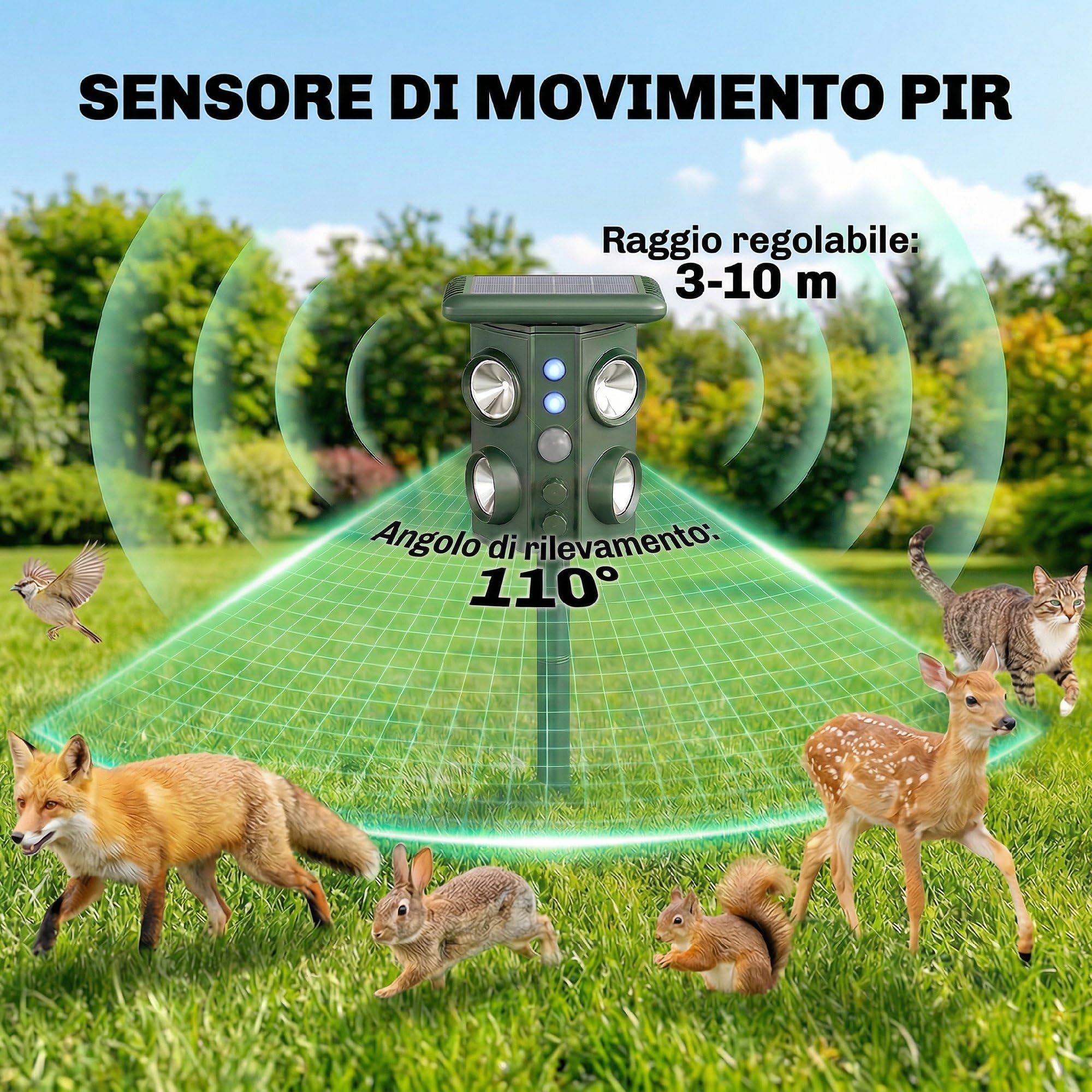 Outsunny Repellente Gatti Ultrasonico Solare Dissuasore per Gatti | 5 Modalità PIR, Flash LED, 110°, IPX4 Impermeabile, 4 Altoparlanti per Animali