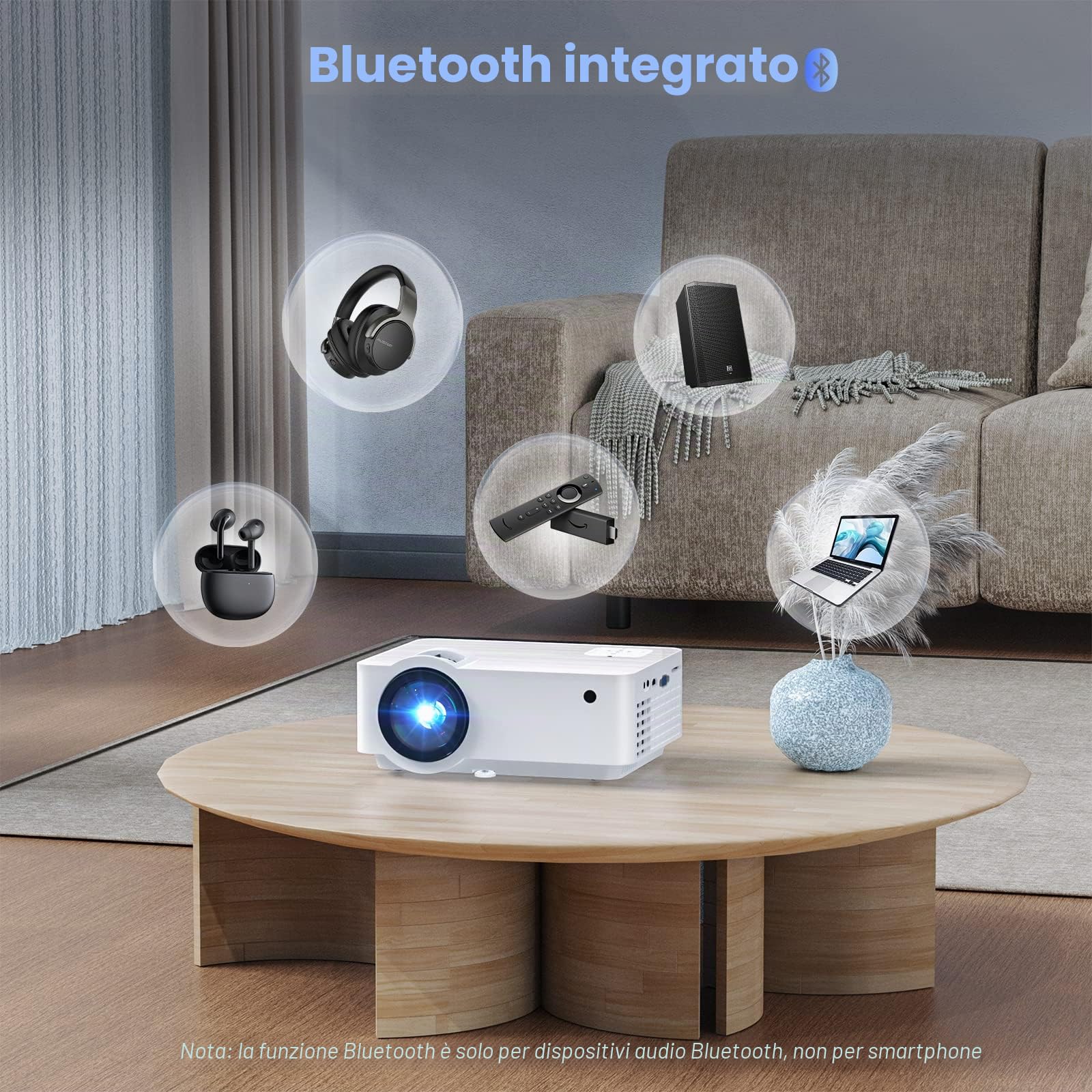 HOPVISION Proiettore, Nativo 1080P 4K Mini Proiettore 9500 Lumens Multimedia Home Cinema Bluetooth 5.1 con schermo da 100" compatibile con HDMI, USB, AV, Smartphone, Computer portatile