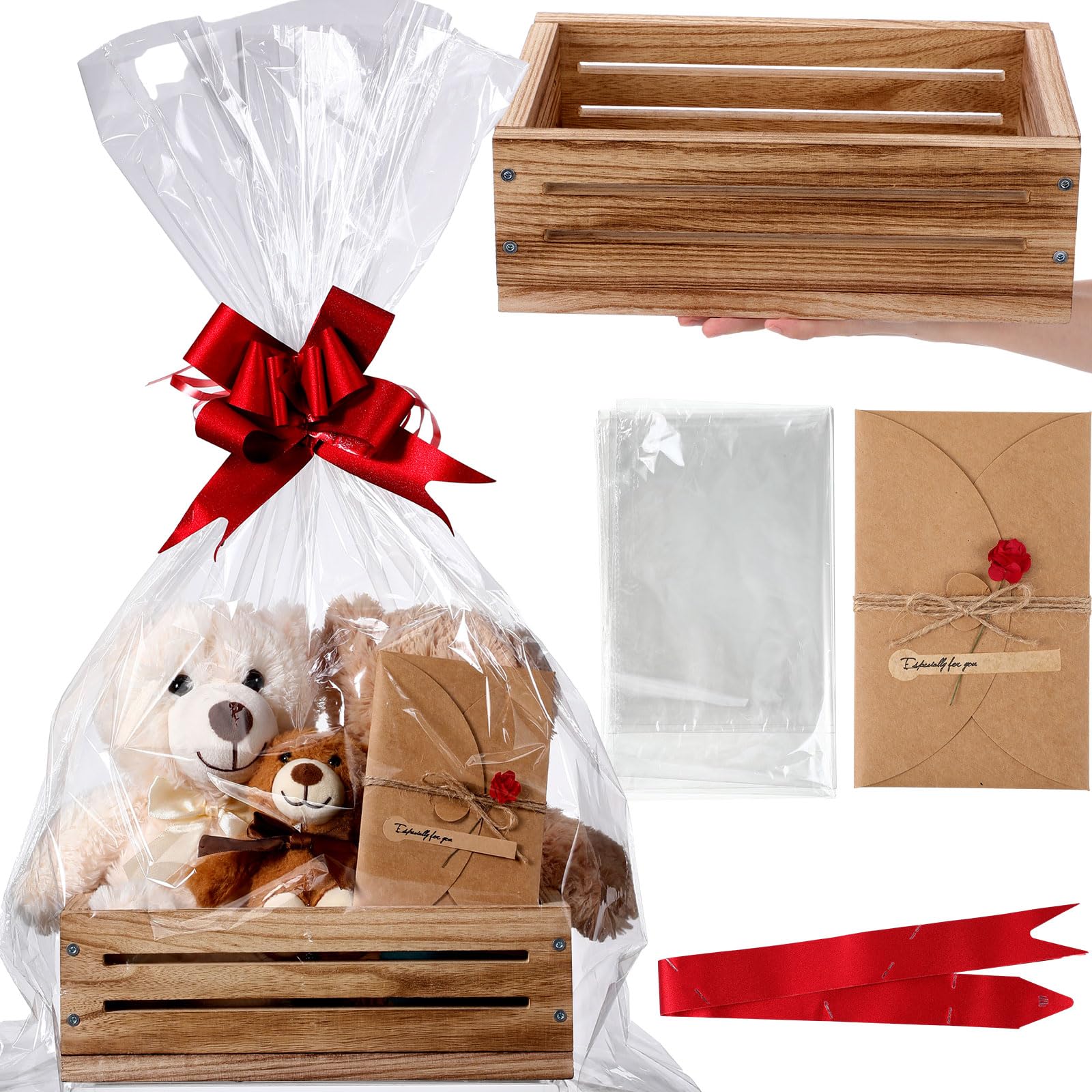 Wonderjune Wooden Gift Basket Set with Gift Bags Ribbons Greeting Cards, Empty Basket 11.81 x 7.87 x 3.94 in Empty Decorative Gift Chest Box for Gifts to Give to Others Christmas Gift(Brown)-image-10