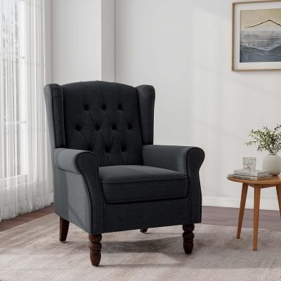 Accent Chair, Upholstered Armchair with Button Tufted High Back & Solid Wood Legs, Comfy Wingback Reading Single Sofa Chair for Small Spaces, Living Room, Bedroom (Blue, Set of 1)