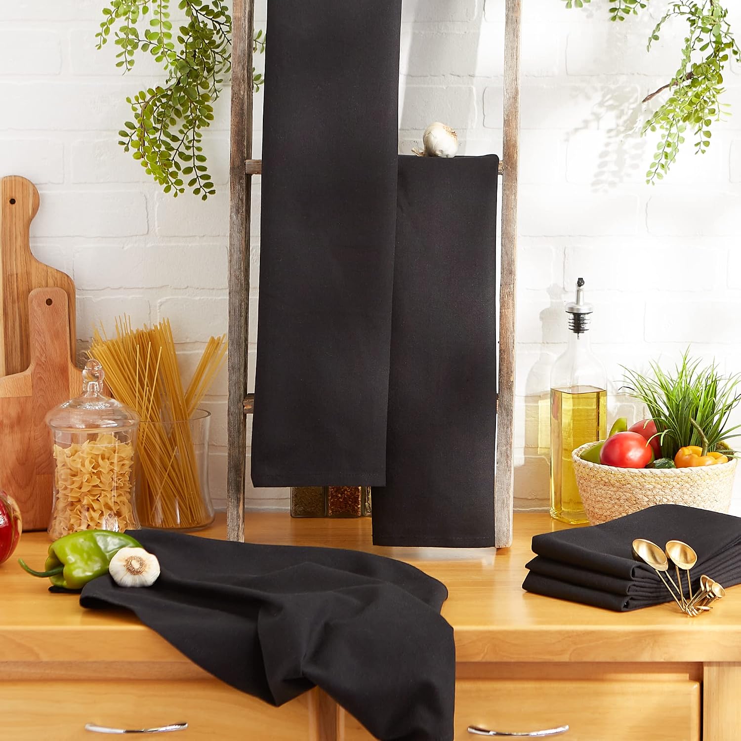 DII Basic Solid Dishtowel Collection Cotton Flat Woven, Small Set, 18x28, Black, 6 Piece
