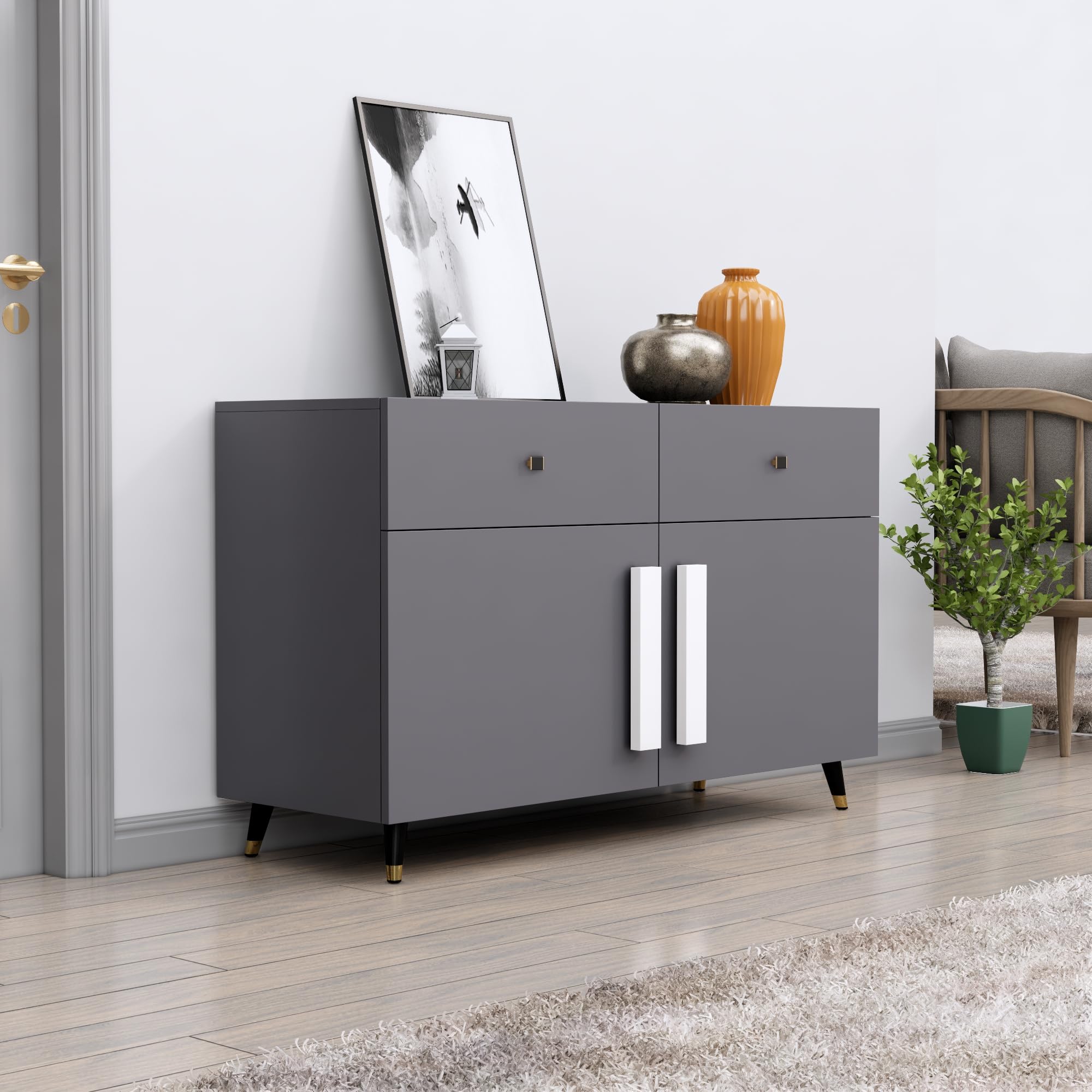 Storage Cabinet Wooden for Living Room Sideboard with 2 Drawer and 2 Door | Multipurpose Storage Organizer Chest of Drawer Cabinet for Home Hallway Drawing Room Bedroom Kitchen | Slate Grey-image-49