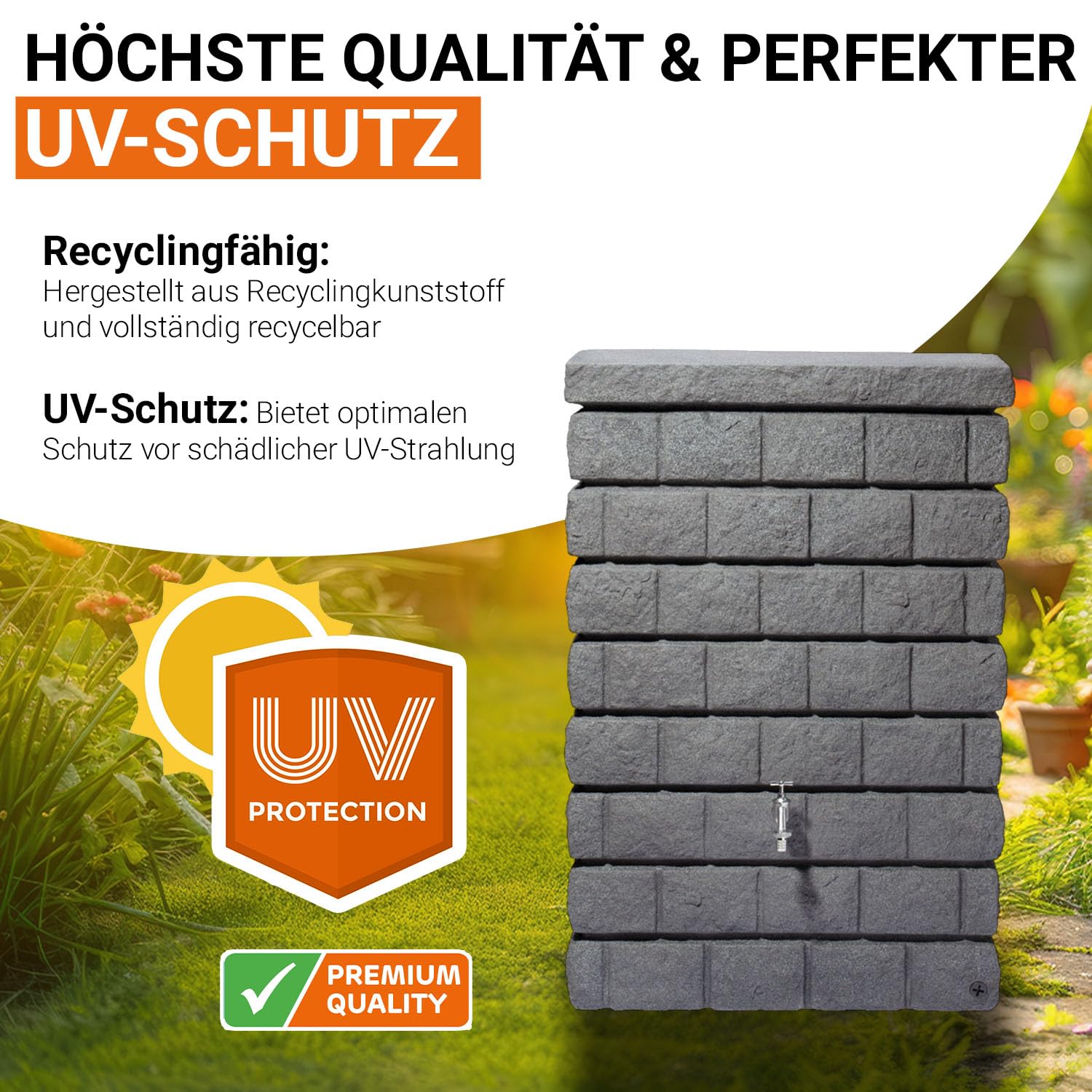 GARANTIA Rocky Junior Regentonne Wandtank Komplett-Set 300 Liter | Dark Granite inkl Chrom-Auslaufhahn und Fallrohranschluss Steinoptik für den Garten dekorativ an der Hauswand für Regenwasser