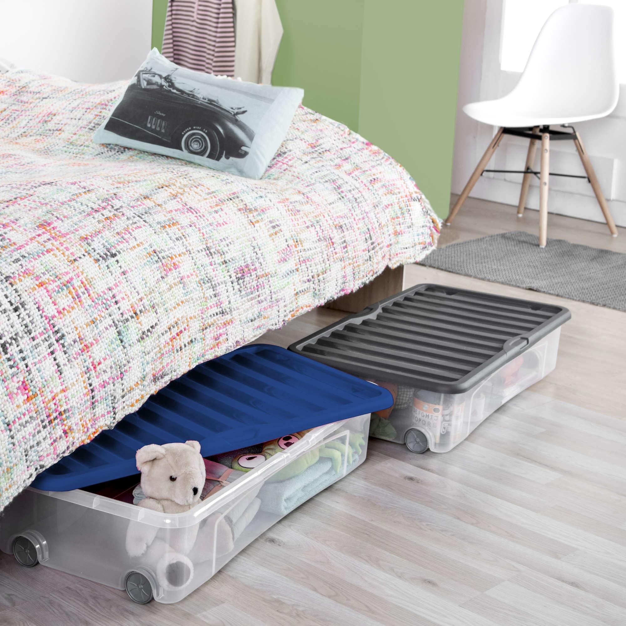 Sundis Ventili, scatola portaoggetti sotto il letto, con coperchio e ruote, 35l, plastica trasparente, impilabile, ideale per riporre biancheria, vestiti, scarpe