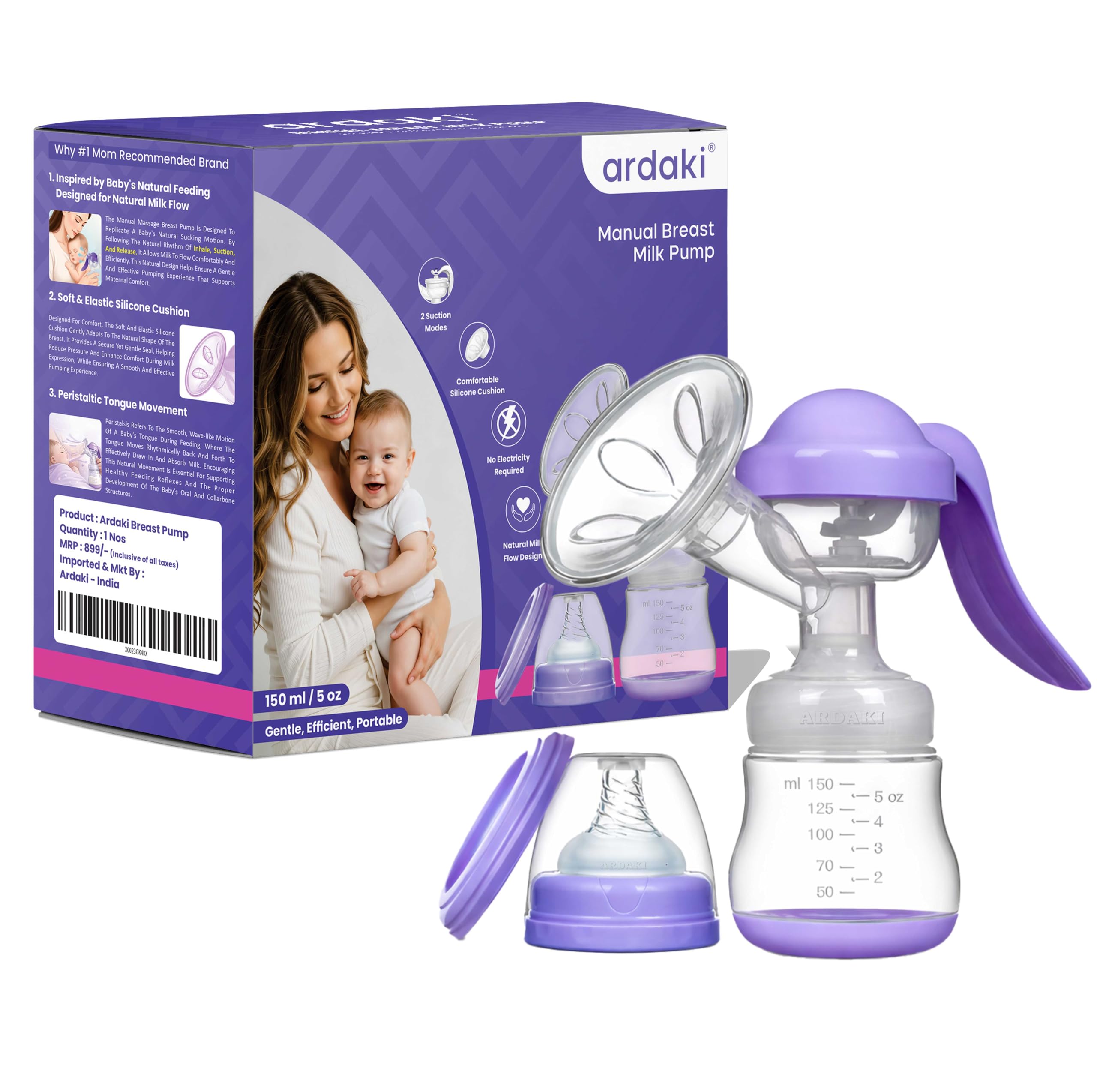 ARDAKI Breast Pump for Feeding Mothers, 3 Level Suction Adjustment, Flexible Silicone Massage Cushion & Ergonomic Handle for Easy & Painless Breast Milk Expression, Manual Breast Pump, BPA Free