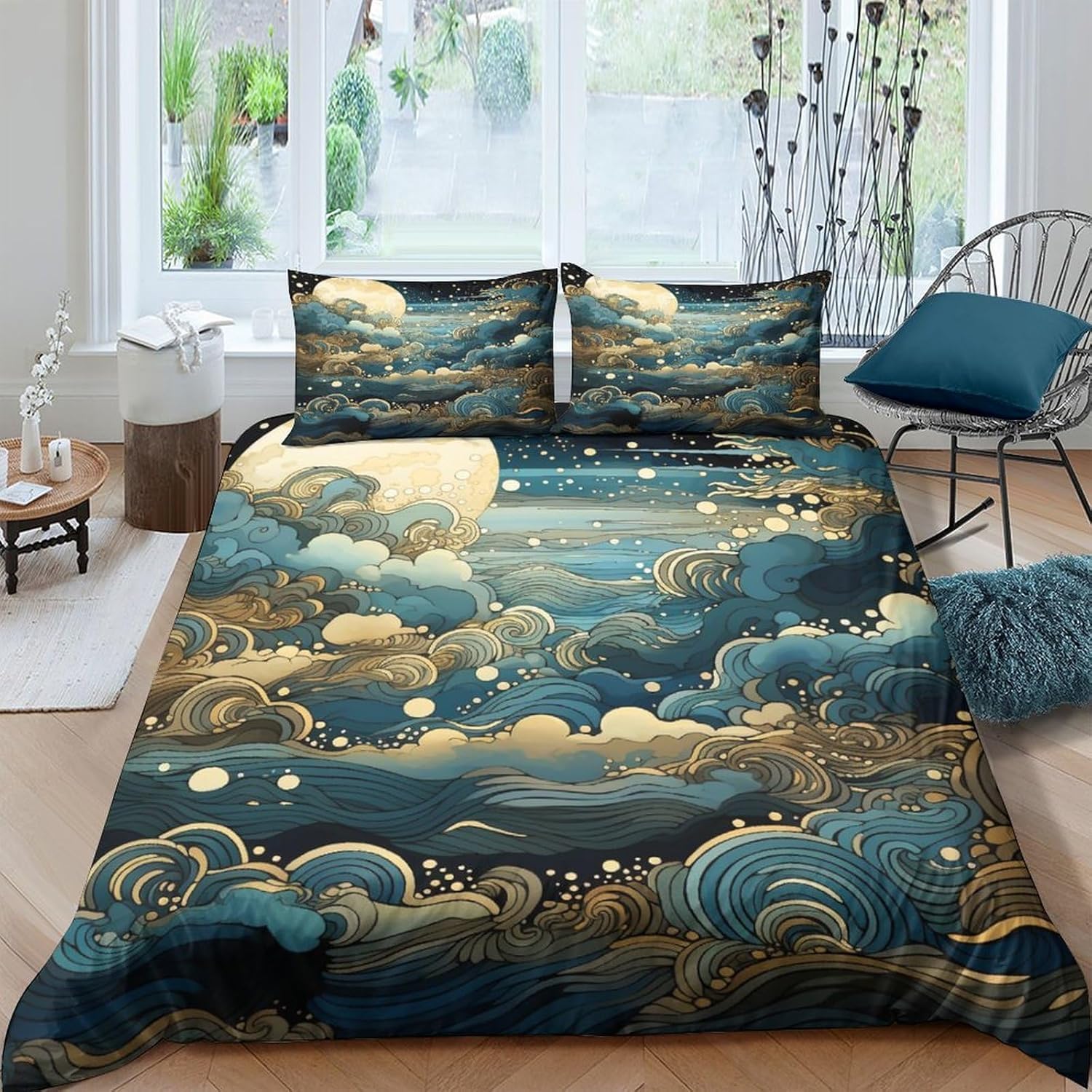 Parure de lit enfant 3 pièces lune étoiles de 260x240 cm en microfibre pour 2 personnes