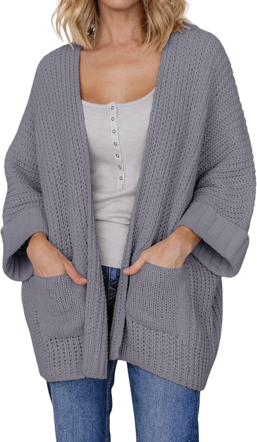 Athlisan Women's Oversized 3/4 Sleeve Open Front Knit Outwear with Pockets(Darkgrey-M)