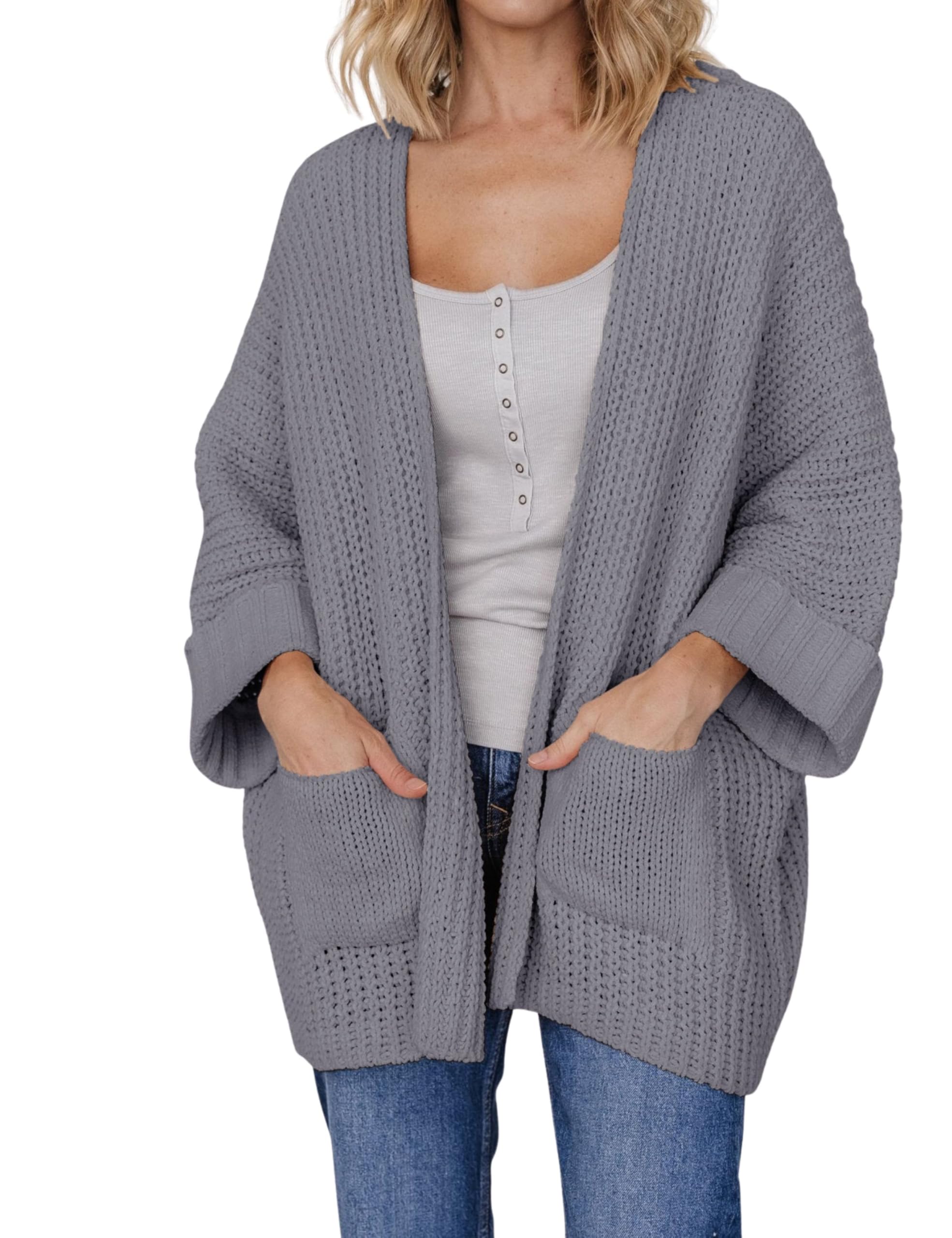 Athlisan Womens Oversized 3 4 Sleeve Open Front Knit Cardigan Outwear with Pockets