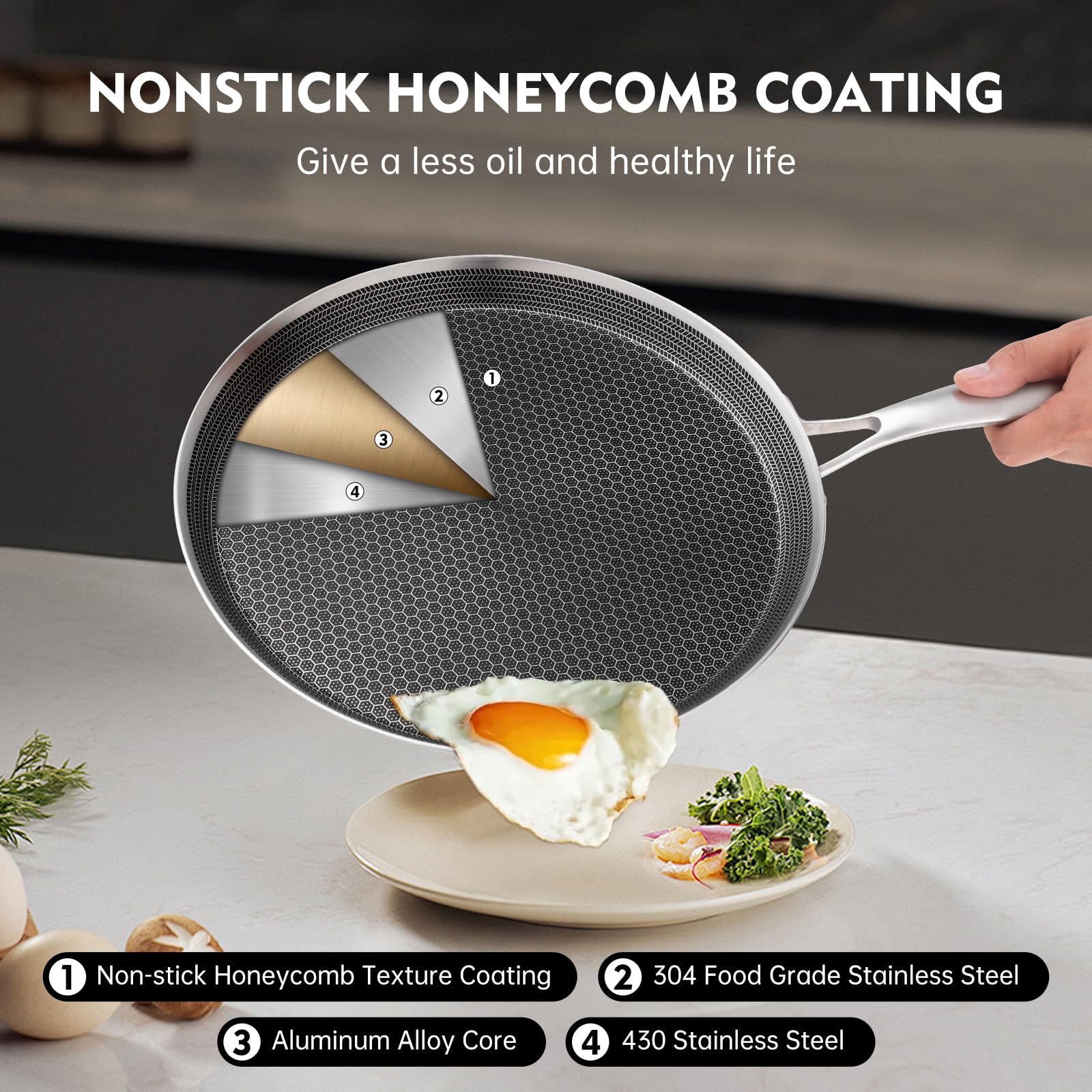 Honeycom - Padella per crepe antiaderente in acciaio inox, 28 cm, compatibile con induzione, senza PFOA (28 cm)