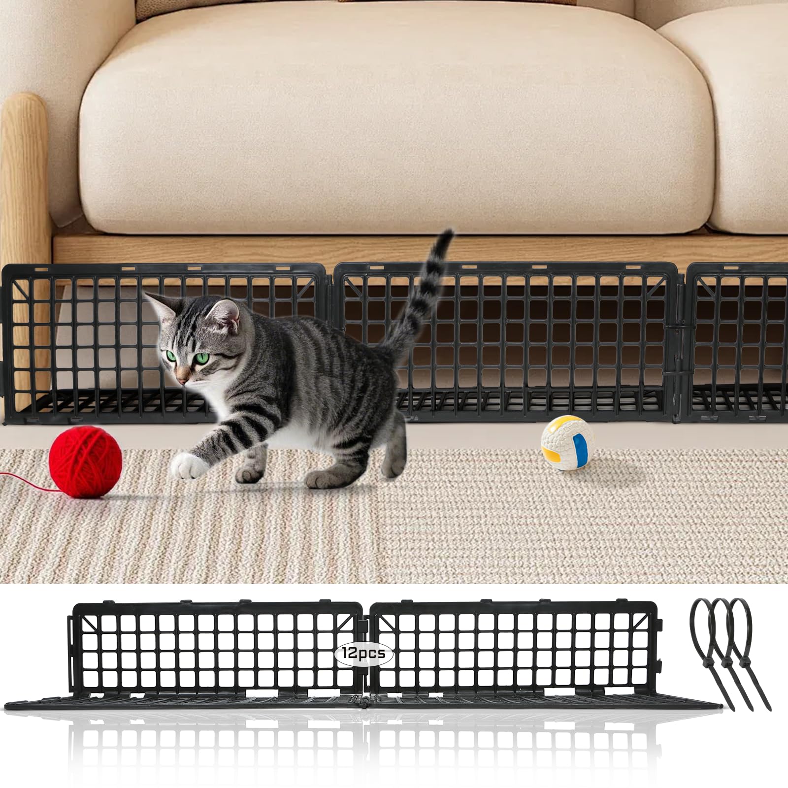 XUANZIKEMAO 12 PCS Under Couch Blocker, Under Bed Blocker for Pets, Under Couch Toy Blocker, Black Plastic Under Bed Blocker, Bed Blockers for Couch