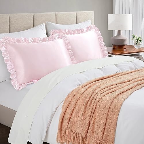 Vista 17 de Fundas de almohada de satén negro con volantes para cabello y piel, juego estándar de 2 fundas de almohada de seda negra con cierre de sobre