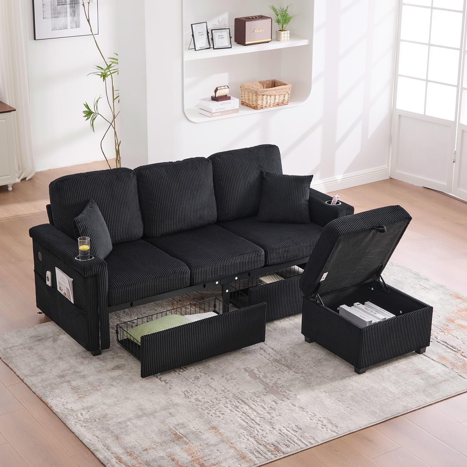 Photo 1 of Firscook L-Shaped Sectional Sofa with Storage & Movable Ottoman, Corduroy 3 Seater Sectional Couch with USB Charging, Cup Holder & LED Light, Couches for Living Room (Black, 76.38)