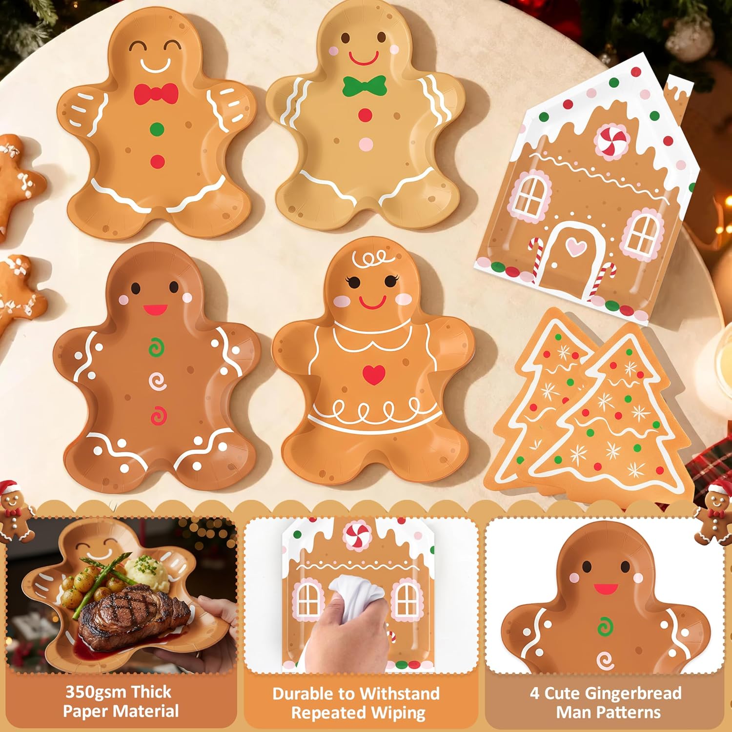 OuMuaMua 150Pcs Christmas Gingerbread Paper Plates & Napkins, Decorative Gingerbread Man House Disposable Paper Plates Christmas Tree Napkins Tableware Set for Xmas Holiday Party Supplies, Serves 50