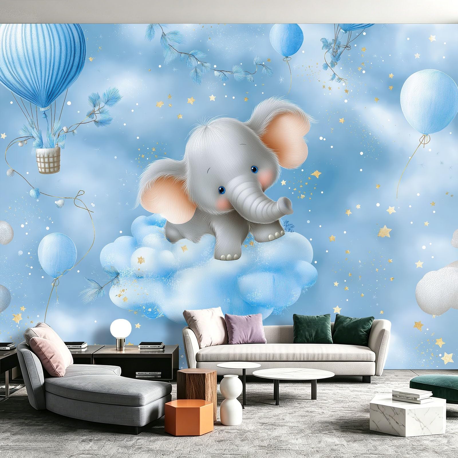 Panoramiczna tapeta bajkowe gwiaździste niebo - fototapeta z włókniny idealna do salonu sypialni i pokoju dziecięcego, uroczy balon słoń dekoracja ścienna do wnętrz 300 x 210 cm