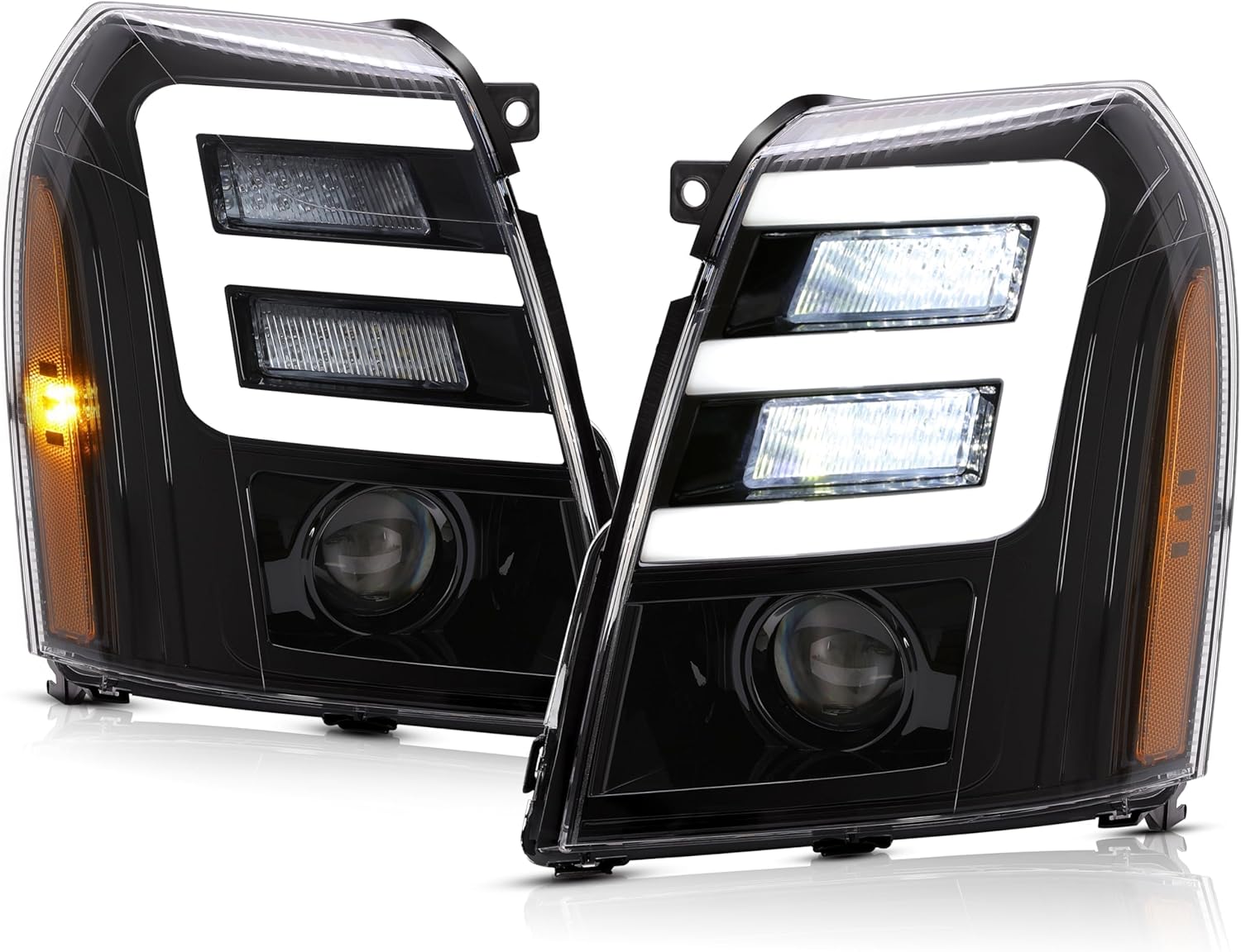 HECASA Headlight Compatible with 2007-2014 Cadillac Escalade w/LED Tube Day Running Light LED Projector