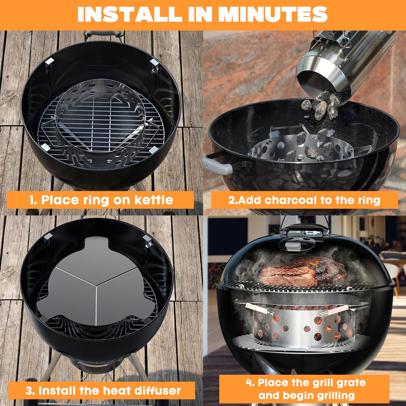 Onlyfire Kit de Fumage en Acier Inoxydable pour Barbecue Weber 57 cm, Boîte à Charbon avec Réflecteur de Chaleur