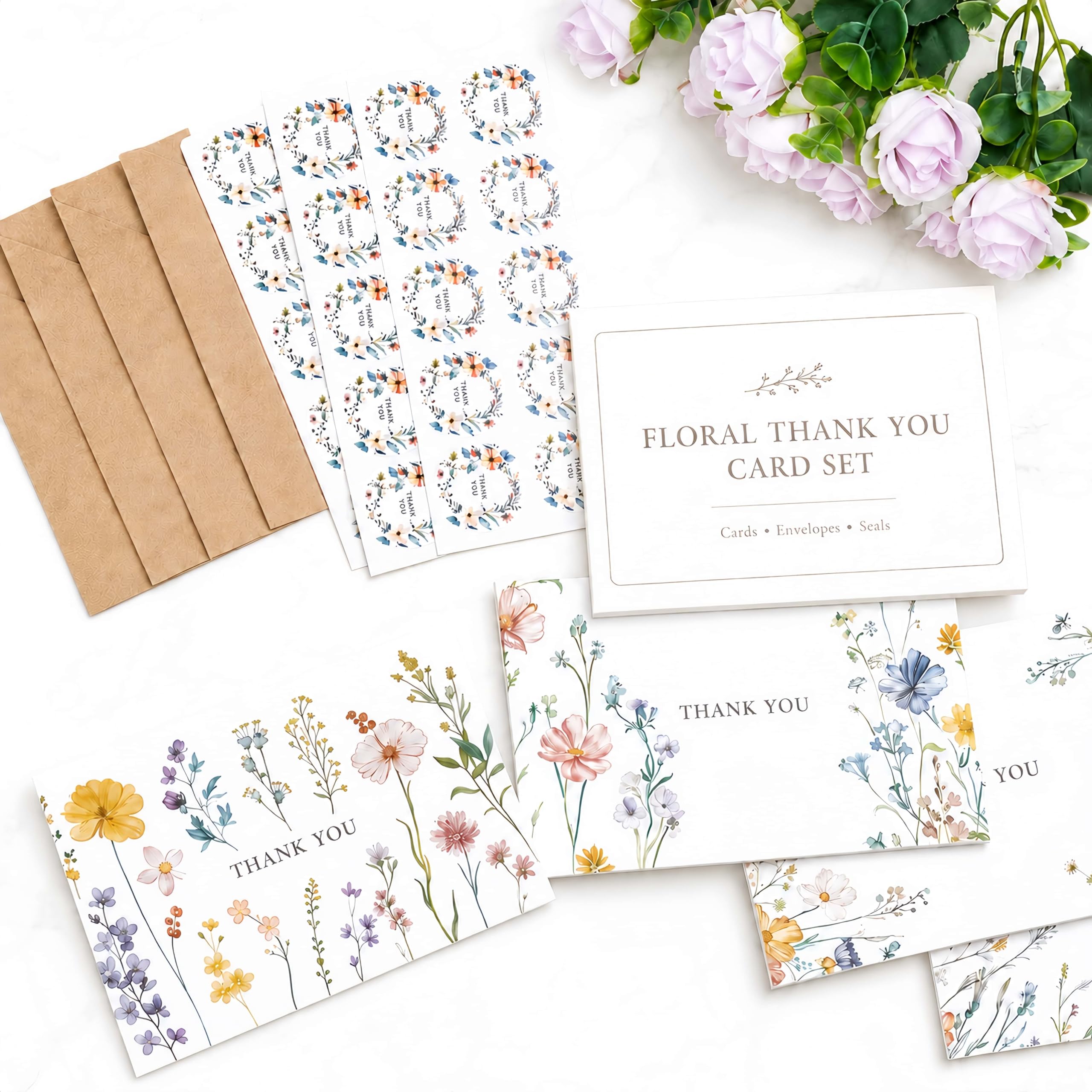 XXINMOH Paquete de 102 tarjetas de agradecimiento florales con sobres (4 x 6 pulgadas), tarjetas en blanco de flores silvestres con sobres adhesivos y calcomanías a juego para bodas, despedidas de