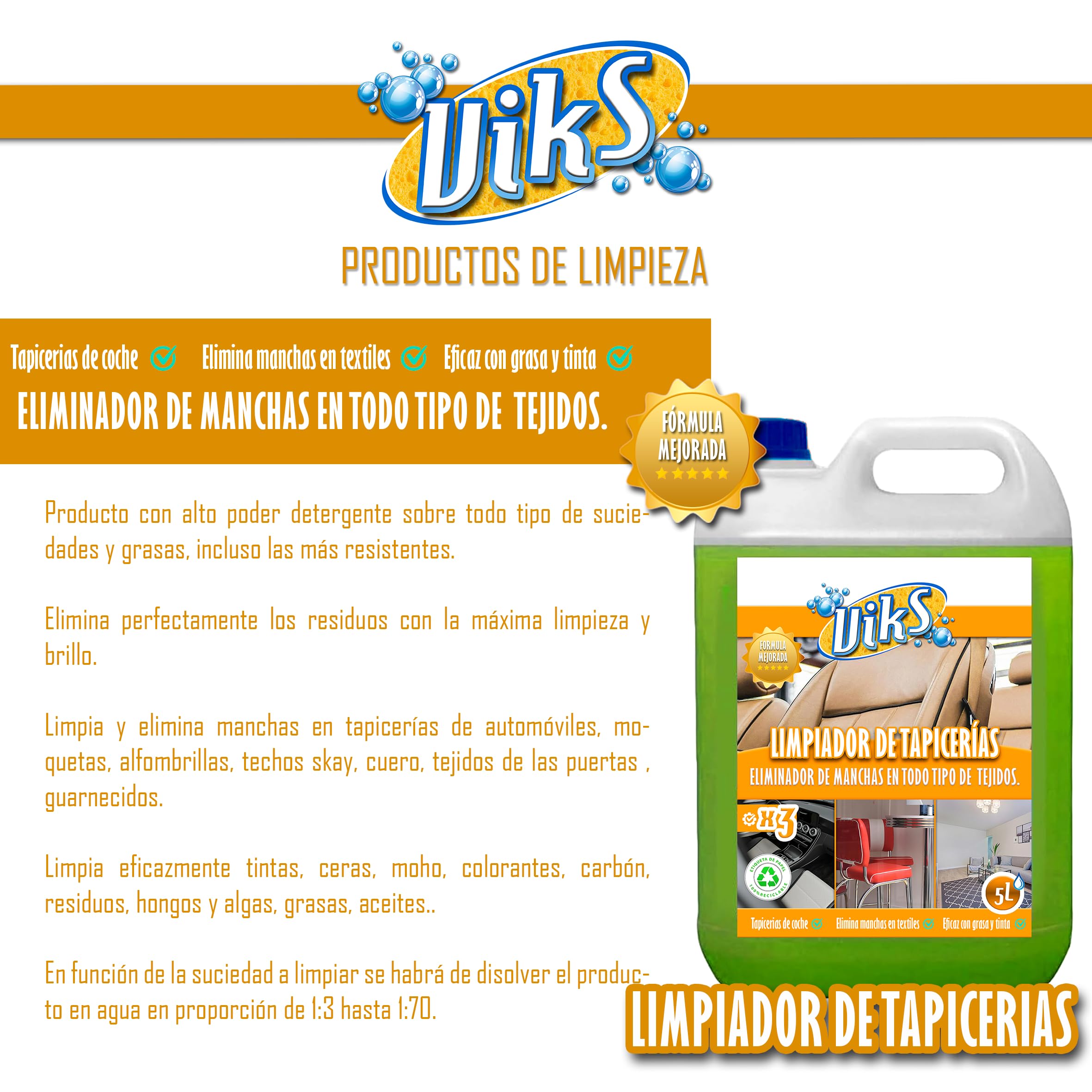 Viks | Nettoyant professionnel pour tissus | Détergent concentré | Élimine les colorants, cires et graisses sur sièges, cuir et tapis | Convient pour la maison et la voiture | 5 L
