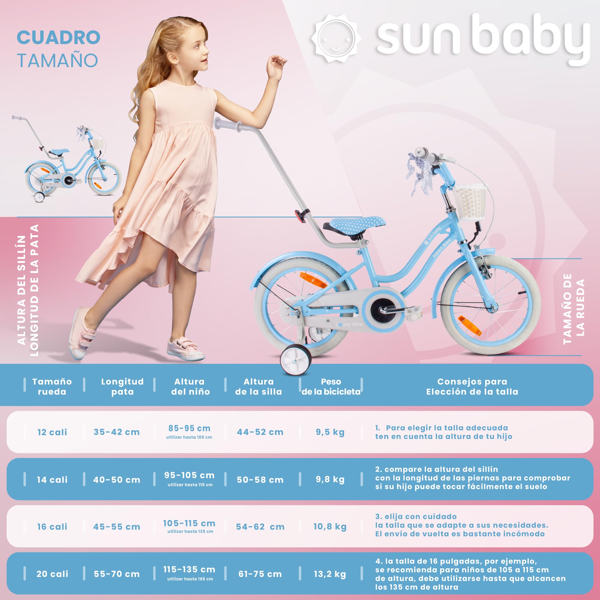 sun baby Bicicleta para niñas Heart Bike, tamaño de Rueda 12 14 16 Pulgadas, con Barra de Empuje Desmontable, Bicicleta Infantil para niñas de 2 a 6 años — view 7