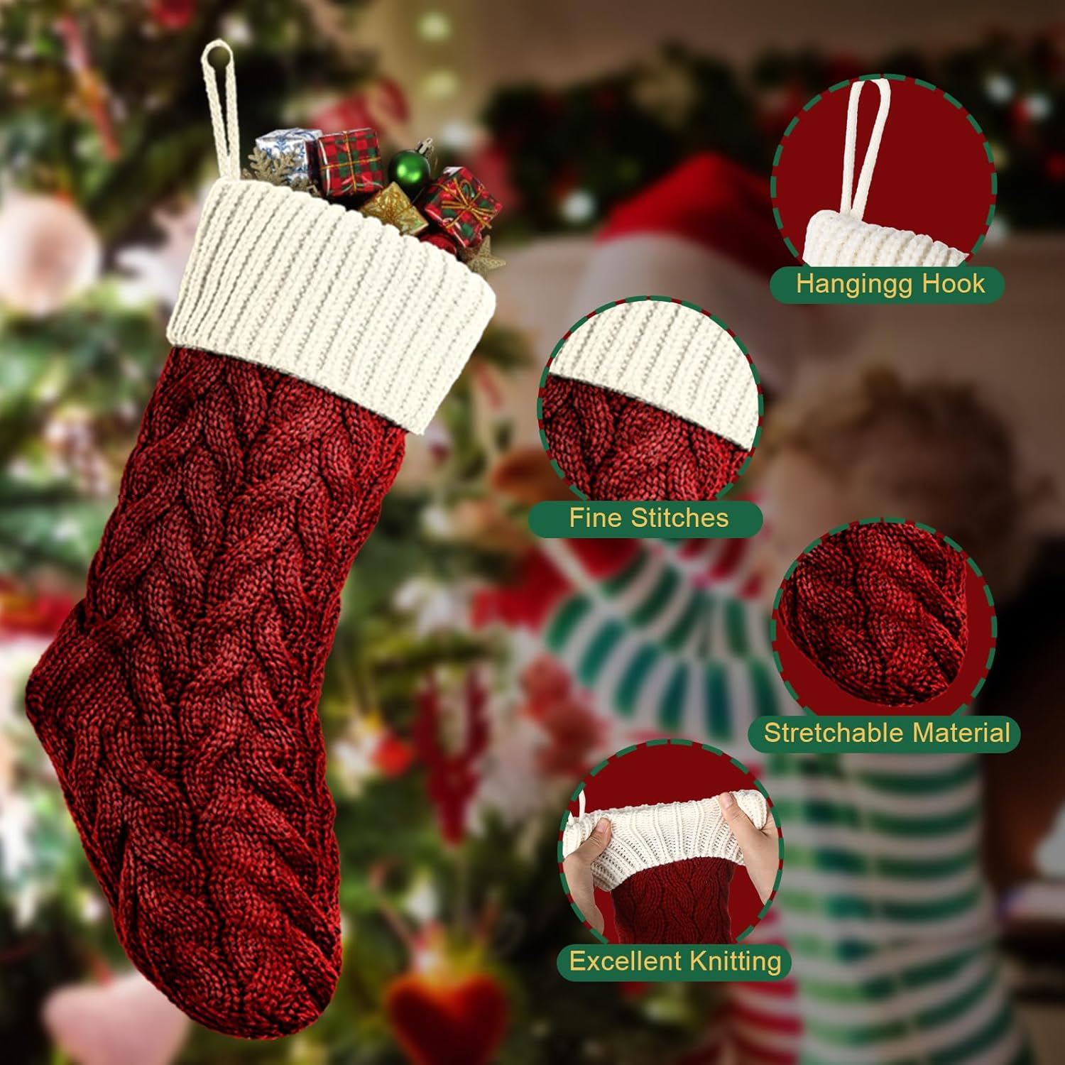 Vinsot 12 Pcs Christmas Stockings Bulk 18 Inches Large Rustic Cable Knitted Christmas Stocking Fireplace Hanging Stockings Gifts for Family Holiday Xmas Party Decorations (6 Colors)