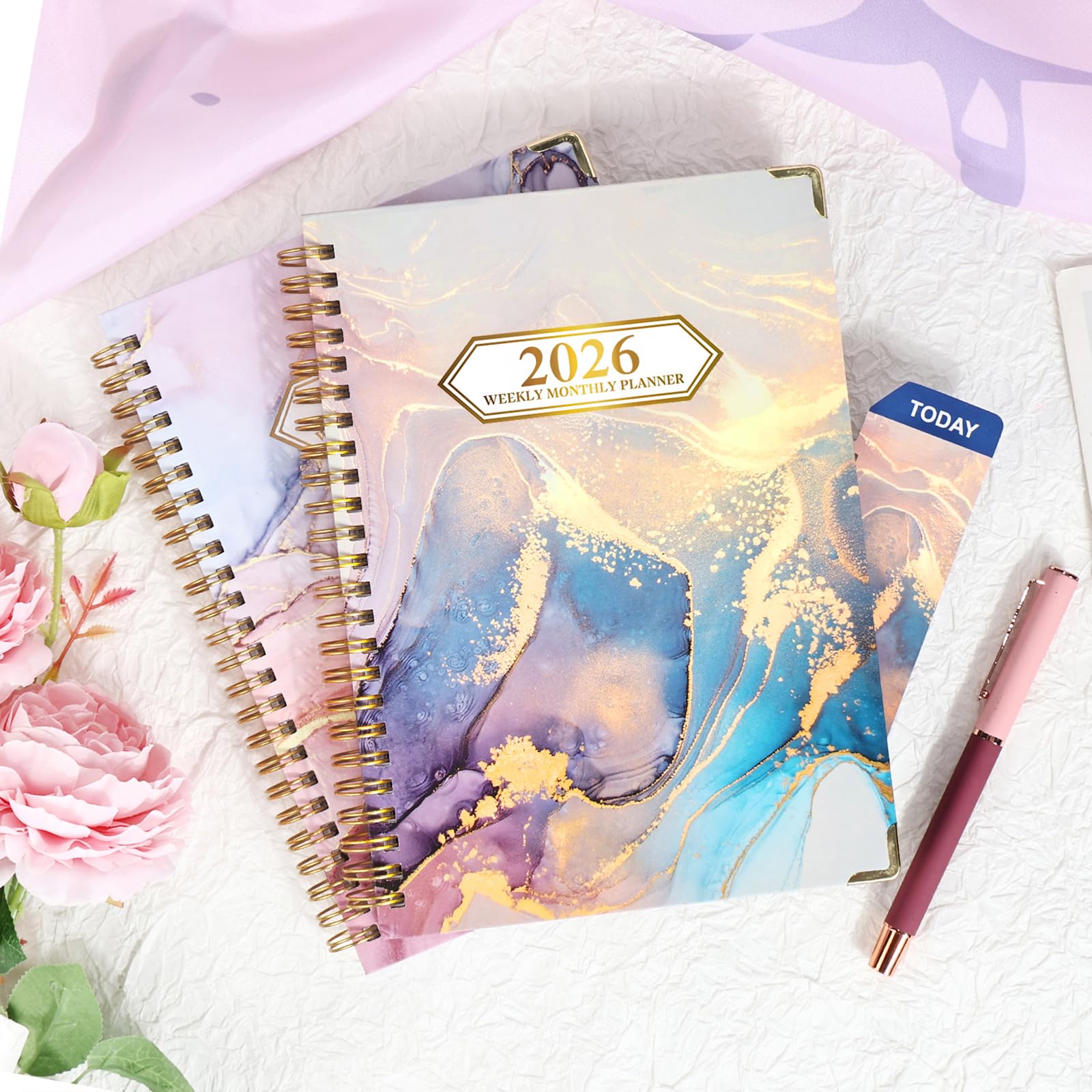 Knagsfa 2026 Planner, Jan.2026 - Dec.2026 Weekly Monthly Planner 6.25"x8.5" with Page Tabs, Calendar Hardcover with Inner Pocket, Elastic Band, Twin-Wire Binding, Bookmark, Blue Gold Marble - Image 2