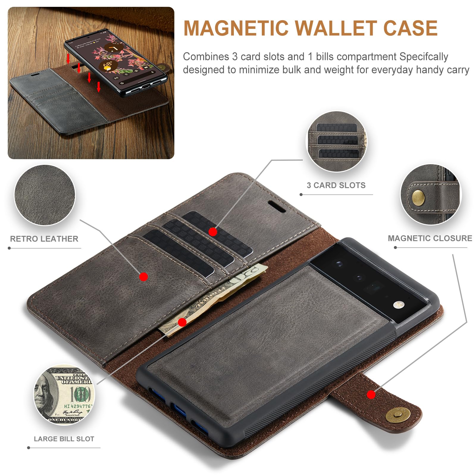 Asuwish Étui de téléphone pour Google Pixel 6 - Portefeuille magnétique amovible avec protecteur d'écran en verre trempé - Emplacement pour carte à rabat - Pixel6 Pixle Six - Pour femmes, hommes,