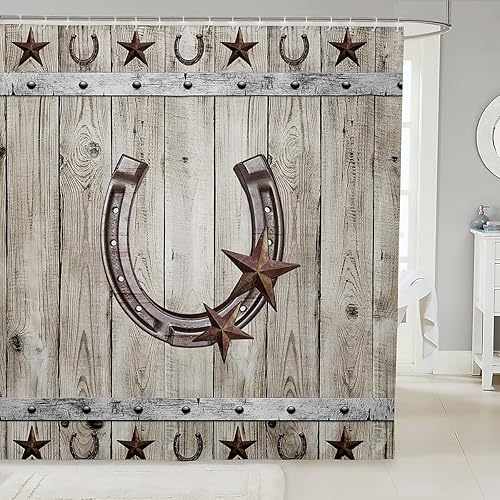 Western Texas - Cortina de baño de 72 pulgadas de ancho x 72 pulgadas de largo, cortina de ducha rústica con estrellas de granja de herradura,
