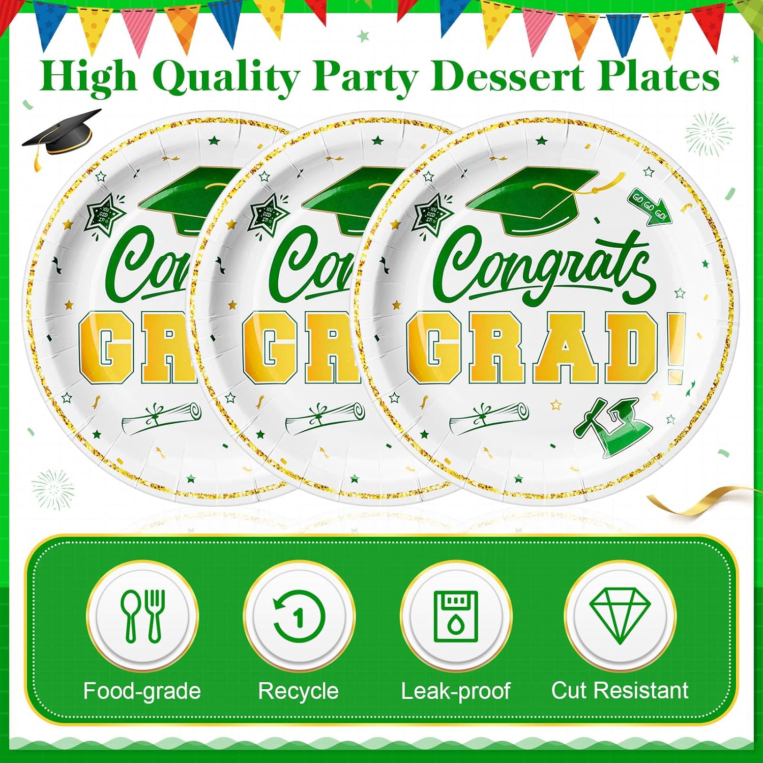 Sabary Green White Gold 100 Pcs Graduation Paper Plates 2026 7 Inch Graduation Party Supplies Class of 2026 Decorations Congrats Grad Plates Disposable Plate Tableware (Classic)
